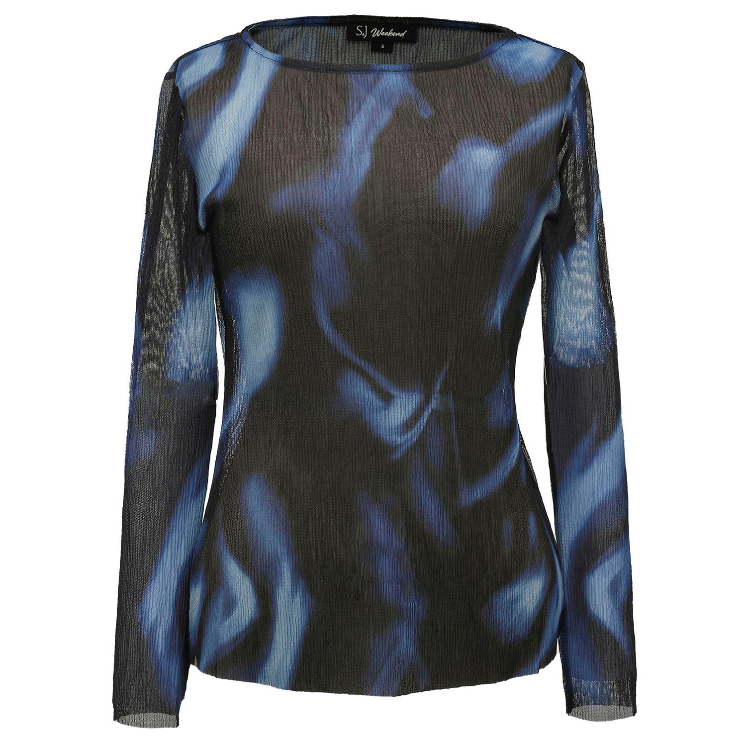 Smart And Joy Women's Abstract Print Mesh Long Sleeves Top - Blue