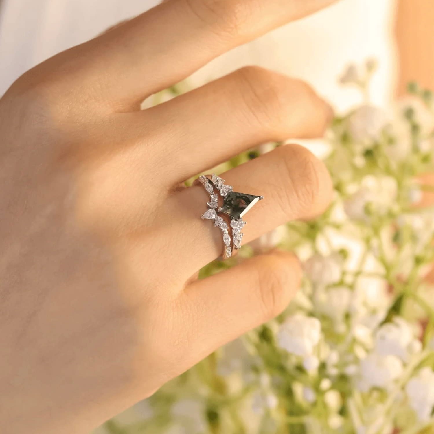 Moss Agate Wedding Ring Set – 18K White Gold Plated Sterling Silver Engagement & Bridal Set With Leaf Design