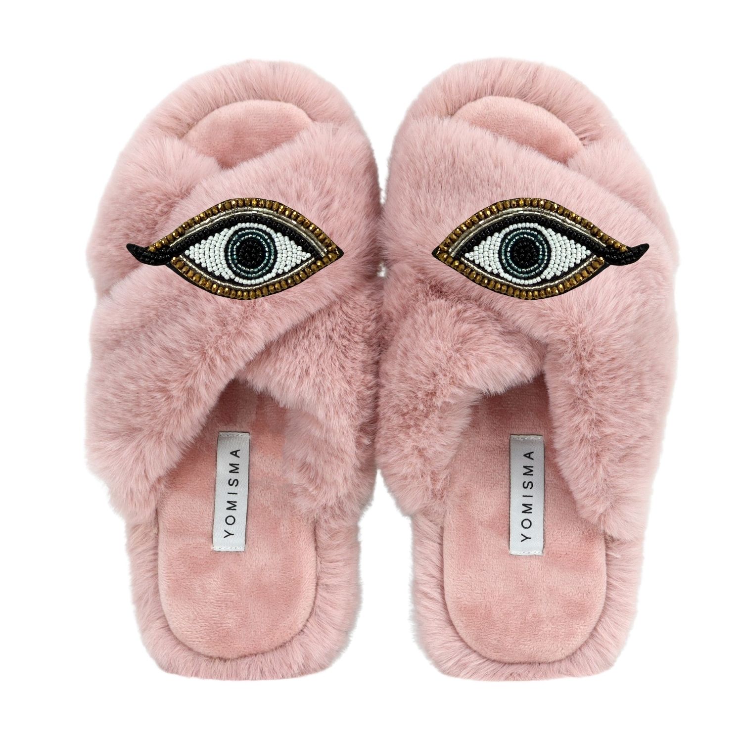 Yomisma Women's Pink / Purple Faux Fur Slippers - Global Recycled Standard Certified With Evil Eye Embellish In Pink/purple