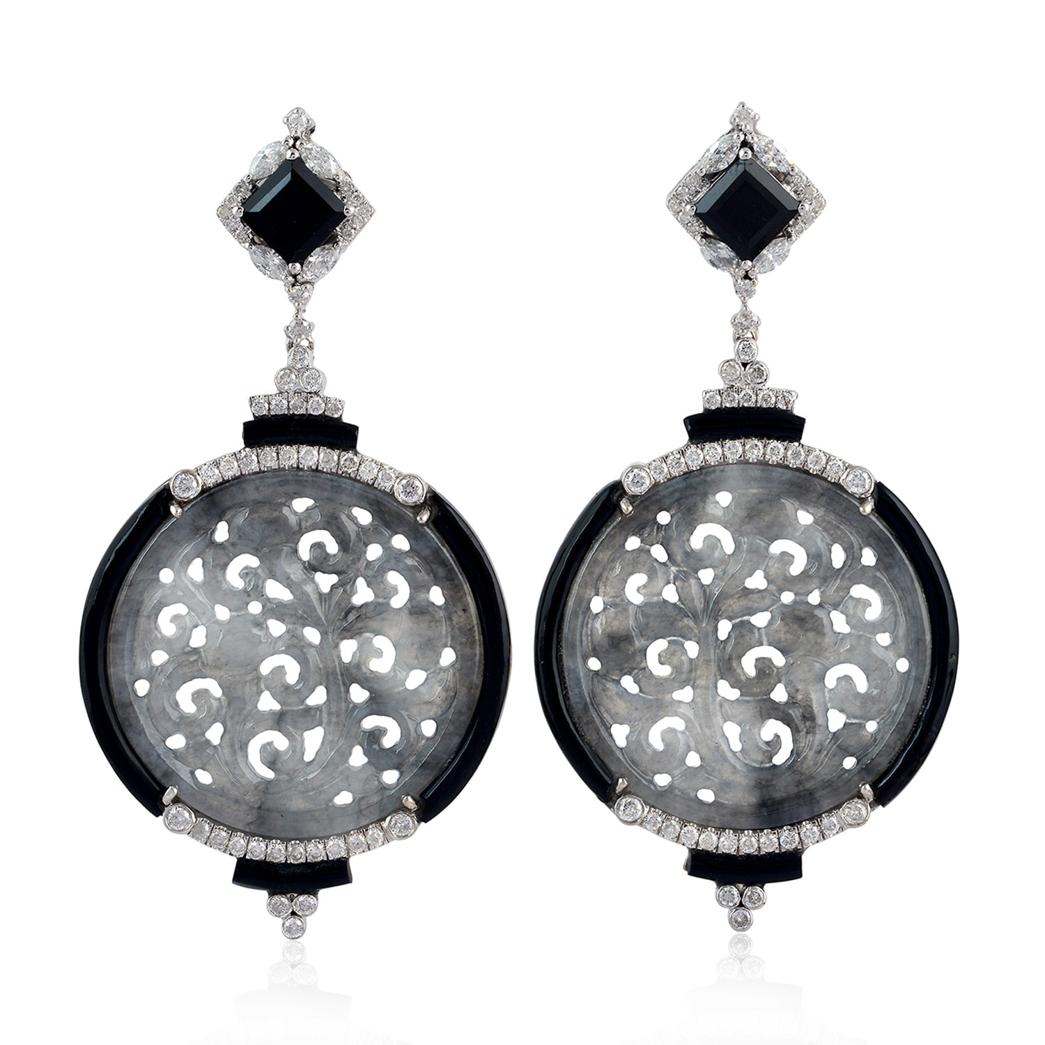 Women’s White / Grey / Black Carved Jade & Onyx Gemstone With Diamond In 18K White Gold Dangle Earrings Artisan