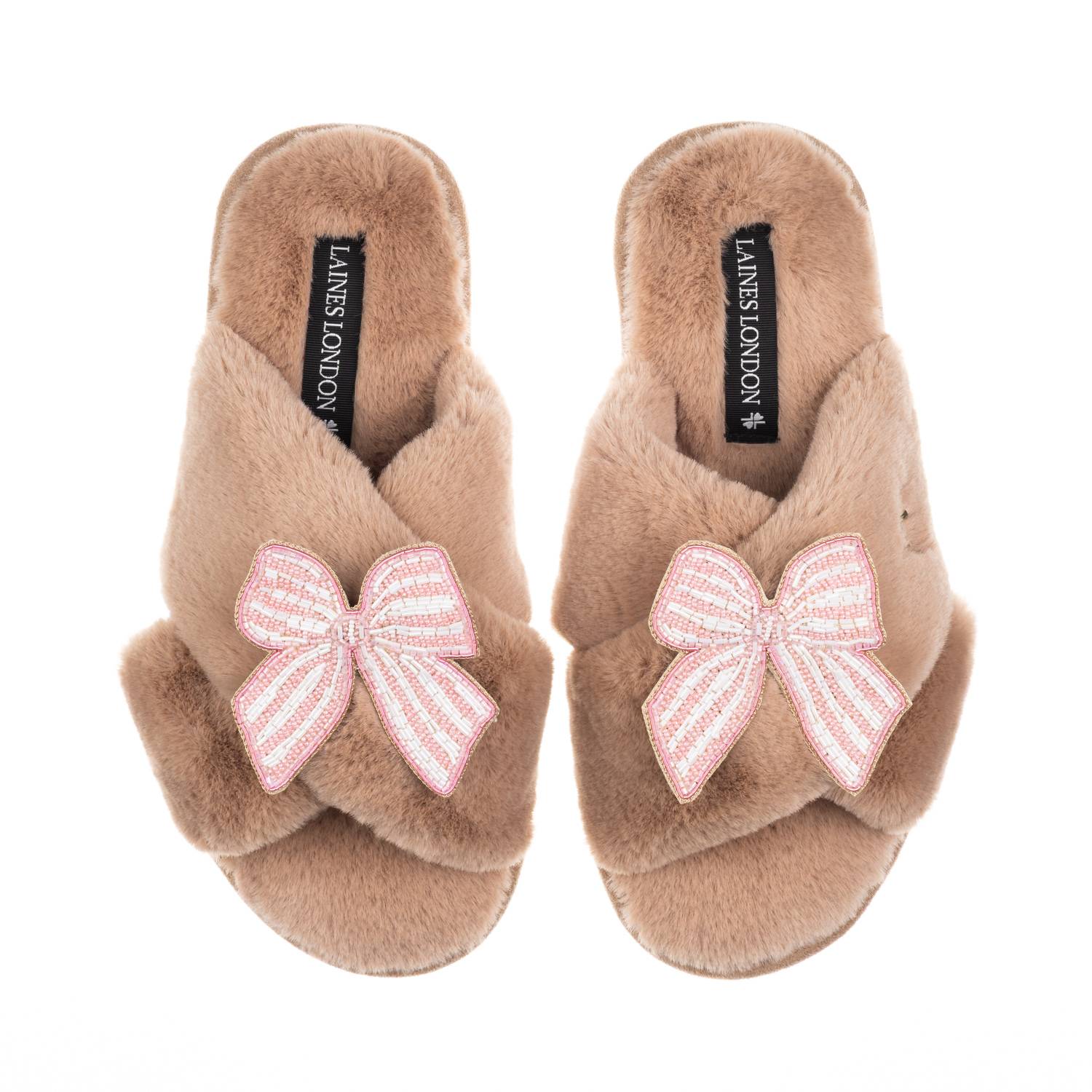 Laines London Women's Brown / Neutrals Classic Laines Slippers With Pink Stripe Bow Brooches - Toffee In Brown