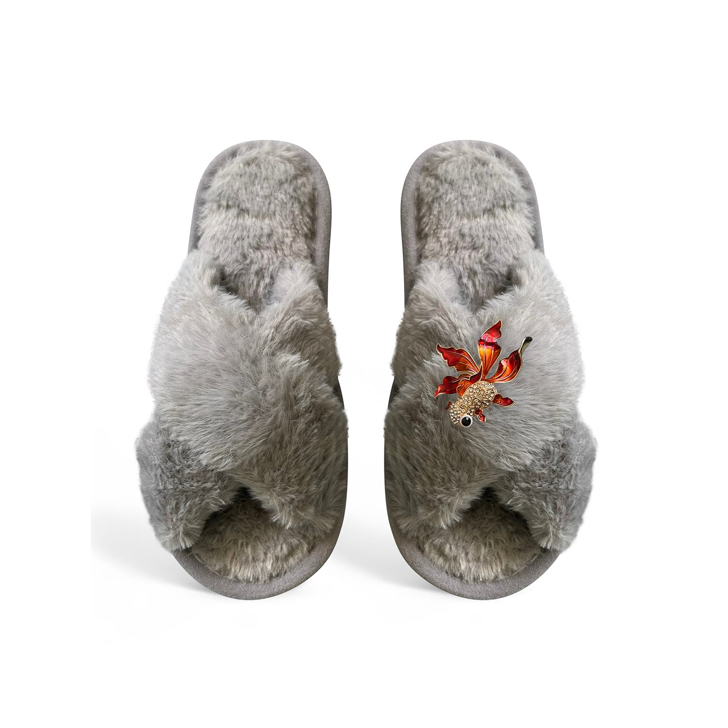 Toma Women's Classic  Faux Fur Open Toe Fish Rhinestone Grey Slippers In Gray