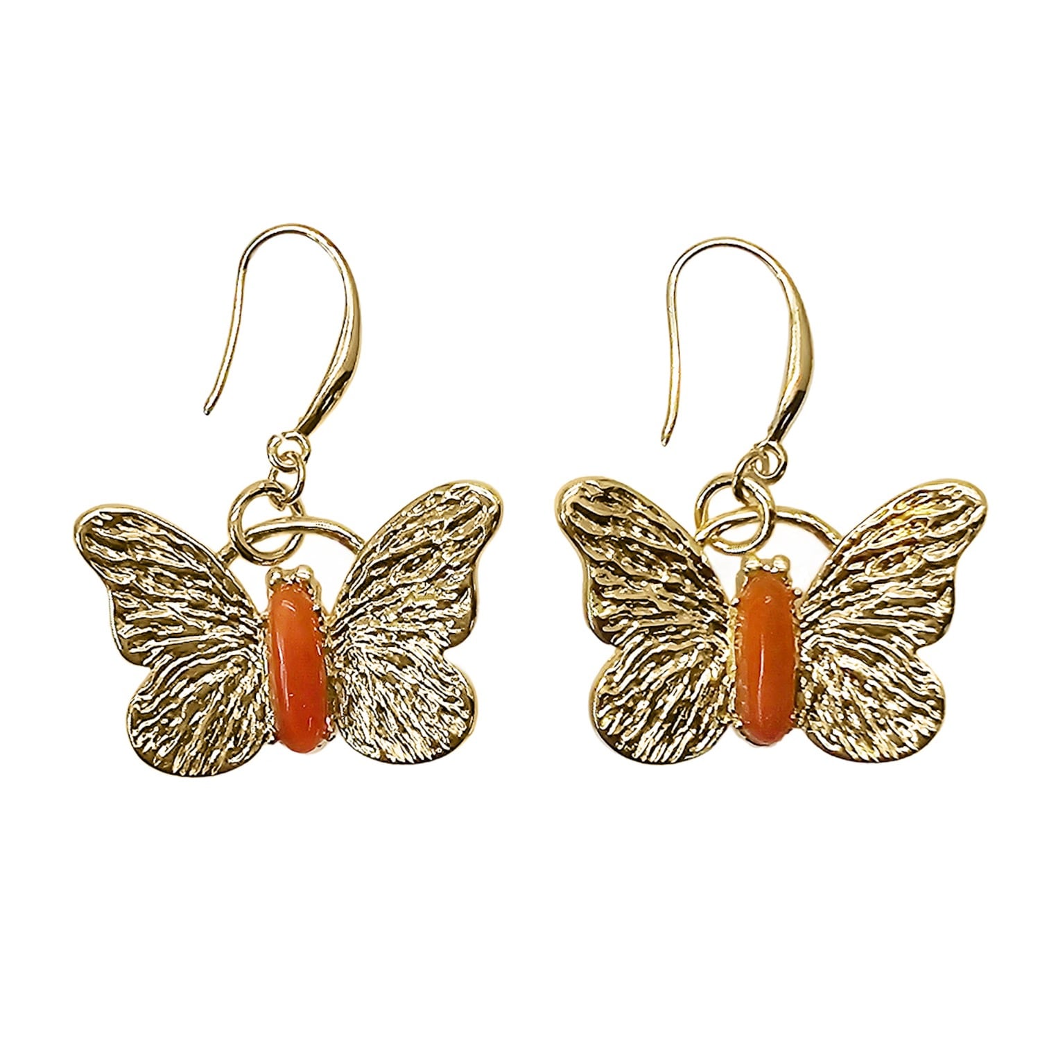 Farra Women's Orange Gold Butterfly Red Agate Stone Dangle Earrings In Orange
