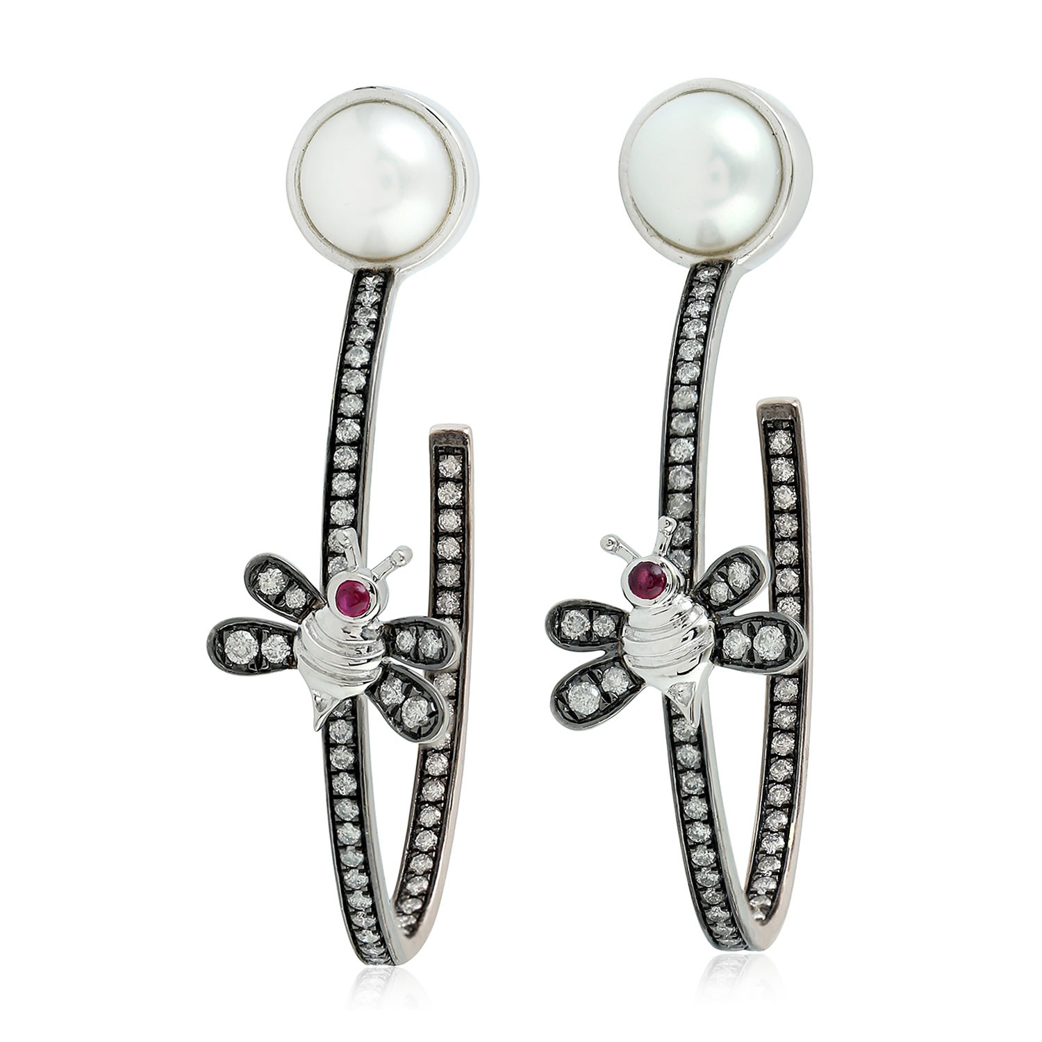 Women’s Red / White / Black White Gold Honey Bee Hoop Earrings With Ruby Pearl & Pave Diamonds Artisan