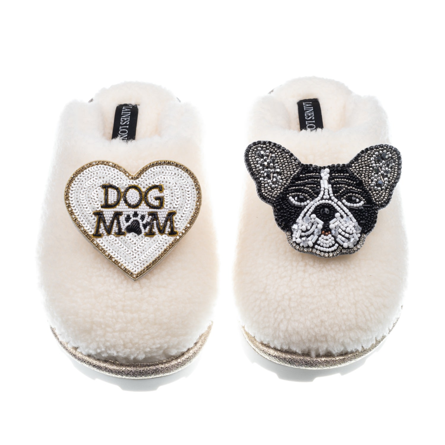 Laines London Women's White Teddy Closed Toe Slippers With Coco The Frenchie & Dog Mum / Mom Brooches - Cream In Neutral