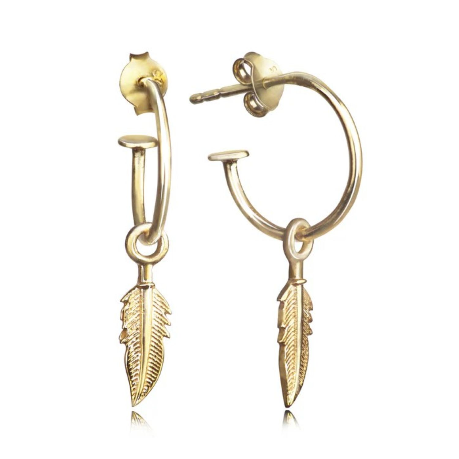 The Jewellery Store London Women's Open Hoop Earring With Feather Charm In Gold Vermeil In Gold