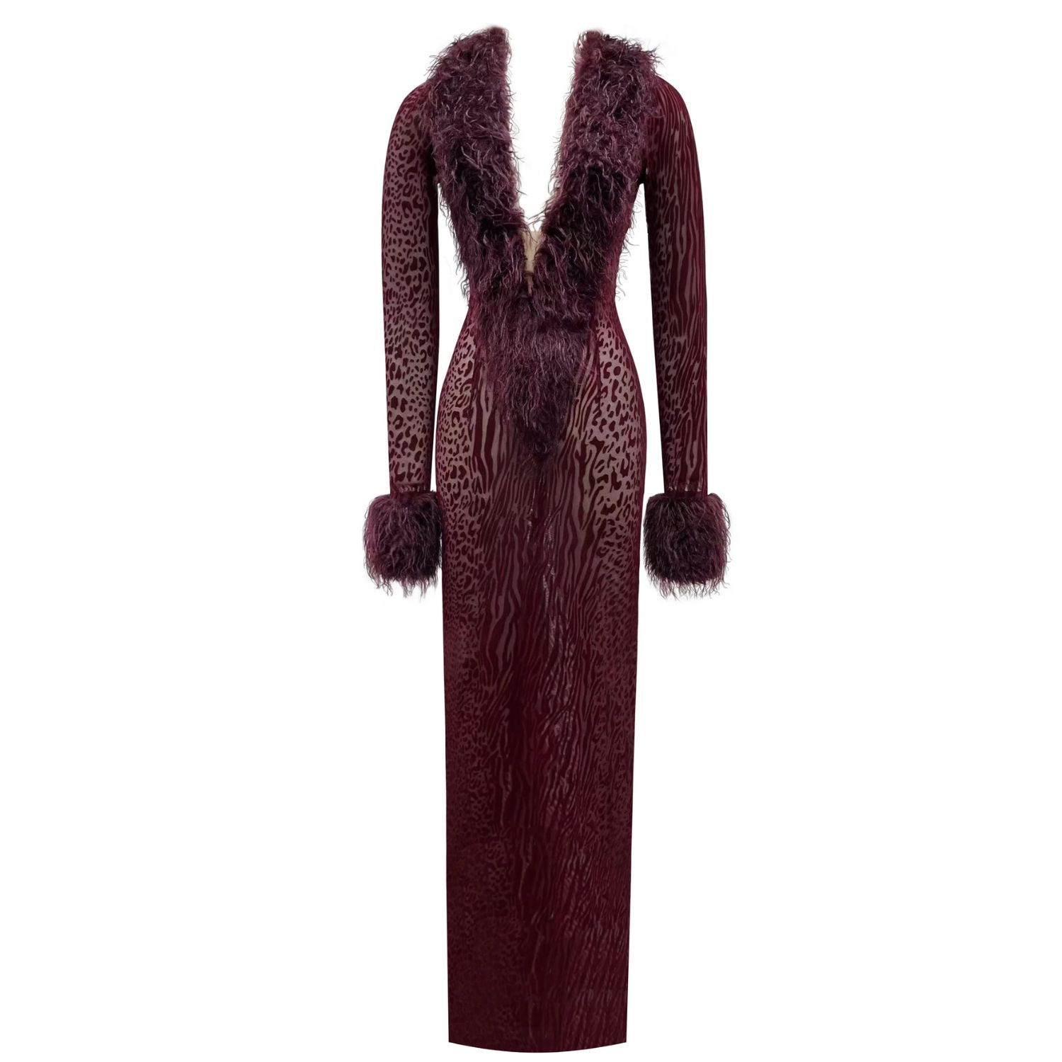 Women's Red Luana Burgundy Plunging Fur Trimmed Crochet Maxi Dress | Extra Large | Miss Circle New York