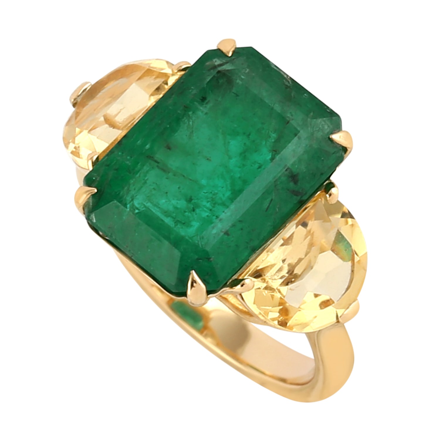 Women’s Gold / Green / Yellow Emerald & Citrine Gemstone In Solid 18K Yellow Gold Classic Cocktail Ring Artisan