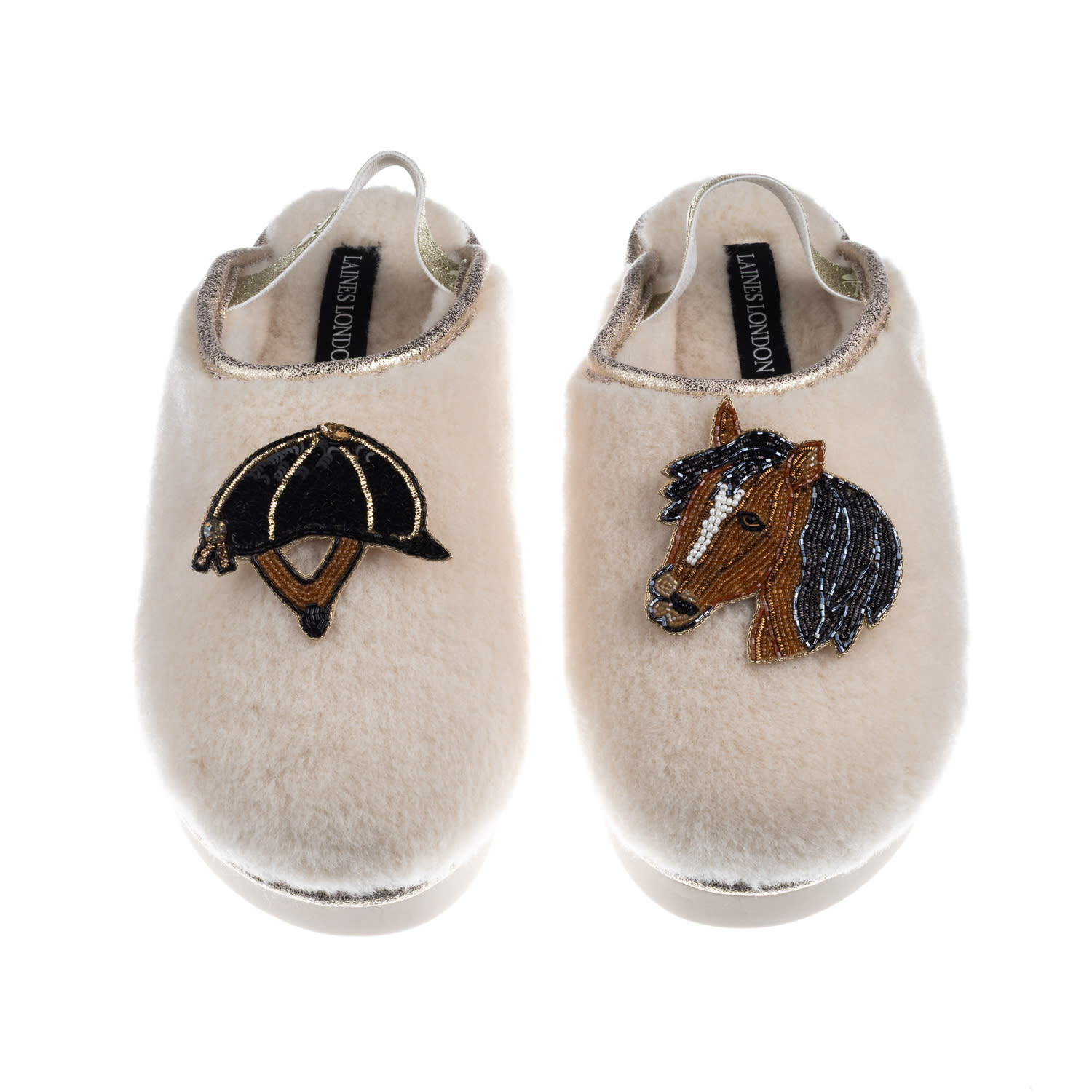 Laines London Women's Gold / Neutrals / White Flatform Cloud Slippers With Riding Hat & Horse Brooches - Cream