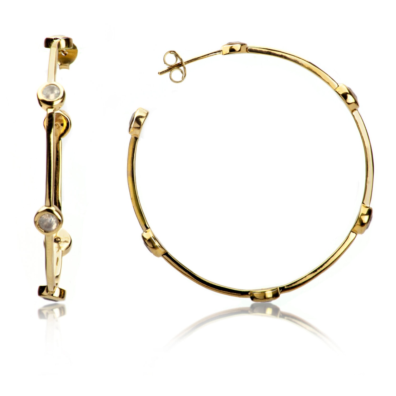 Women’s Gold / White Open Hoop Earrings With Moonstones In Gold Vermeil The Jewellery Store London