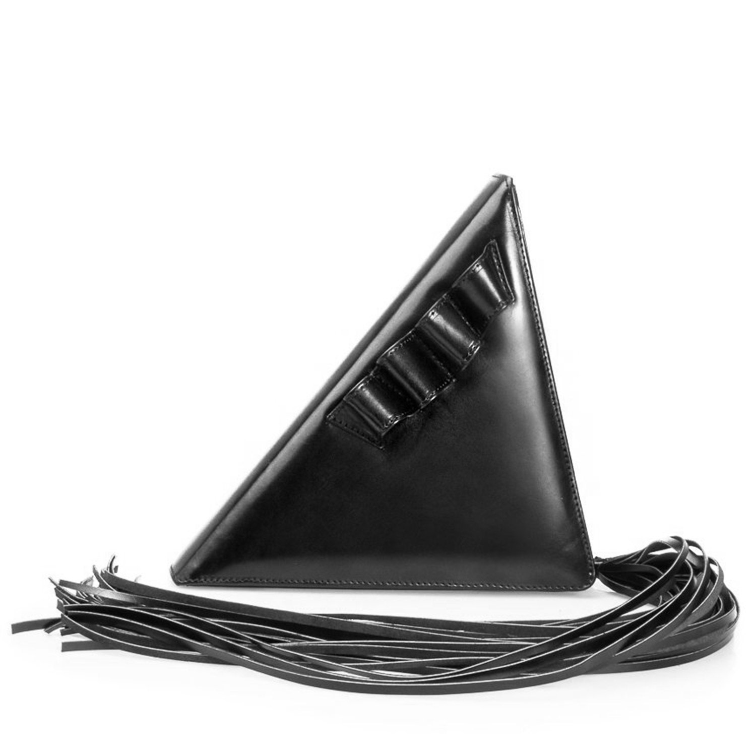 Laura Olaru Women's Triangle Black Leather Bag With Fringes In Black