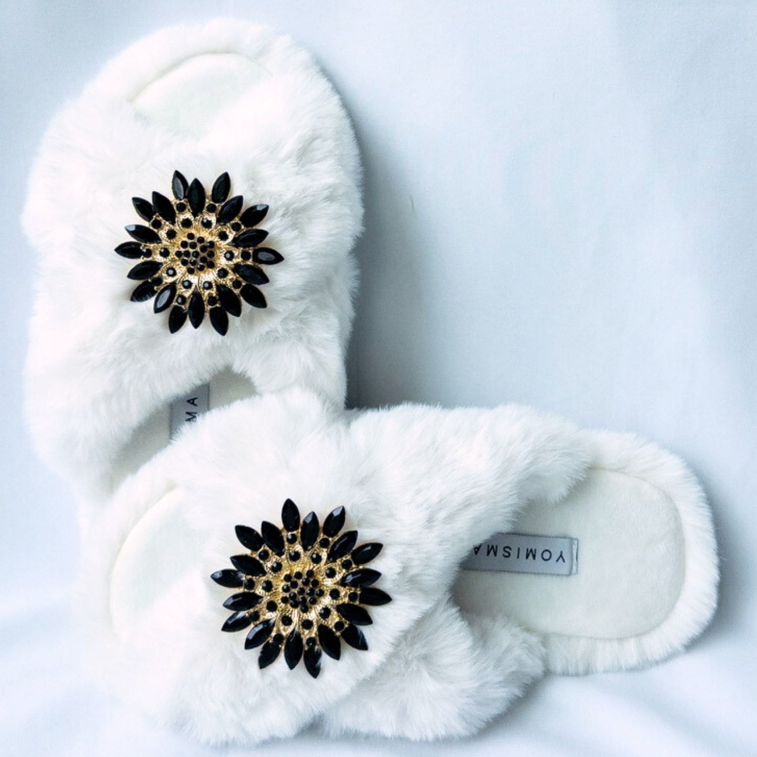 Women's Faux Fur Slippers - Global Recycled Standard Certified With Black Jewel Embellishments - White | Medium | Yomisma