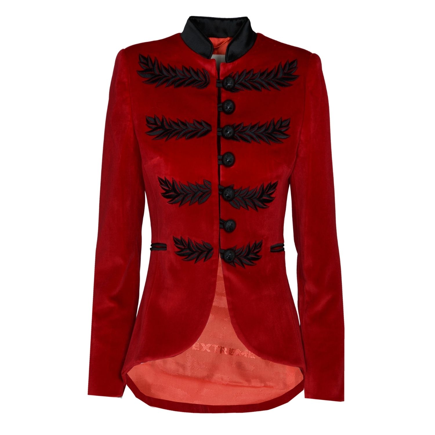 Women's Red / Black Embroidered Red Blazer With Mandarin Collar And Gold Buttons | Small | The Extreme Collection