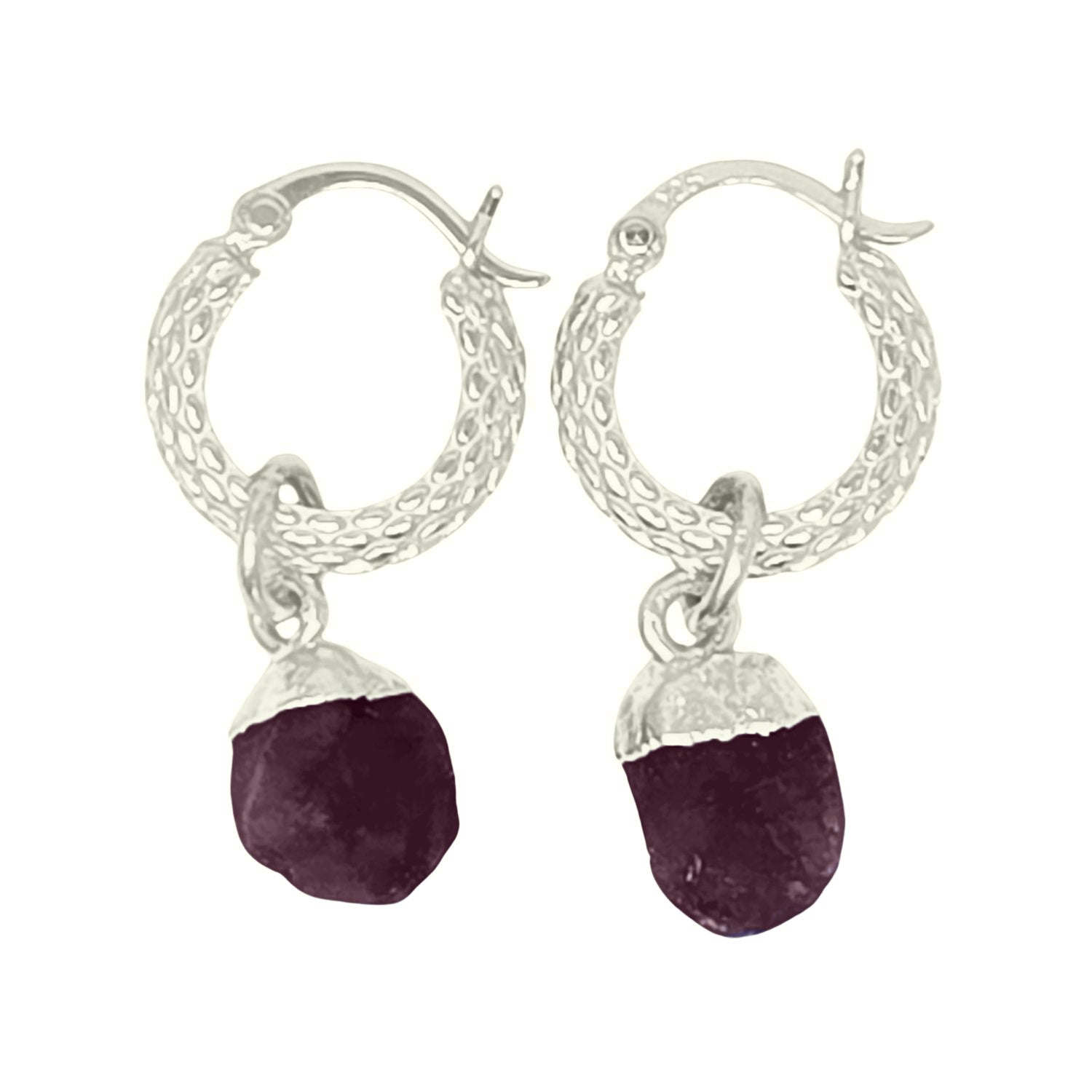 Harfi Women's Pink / Purple / Silver Raw Ruby July Birthstone Huggie Hoops Sterling Silver Gemstone Earrin