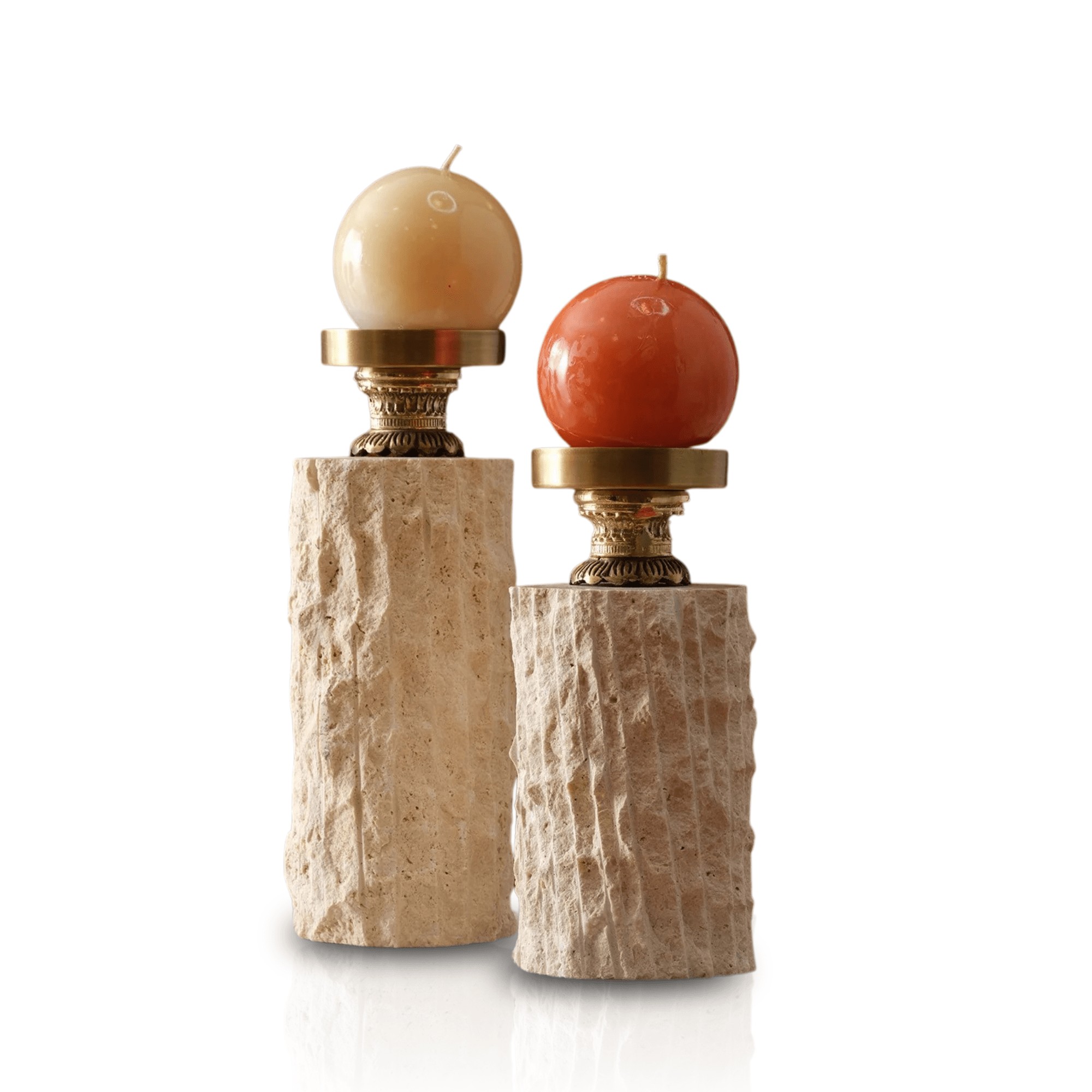 Marleth Neutrals Set Of Two Handmade Travertine Candle Holders – Set Of Two With Brass Tops