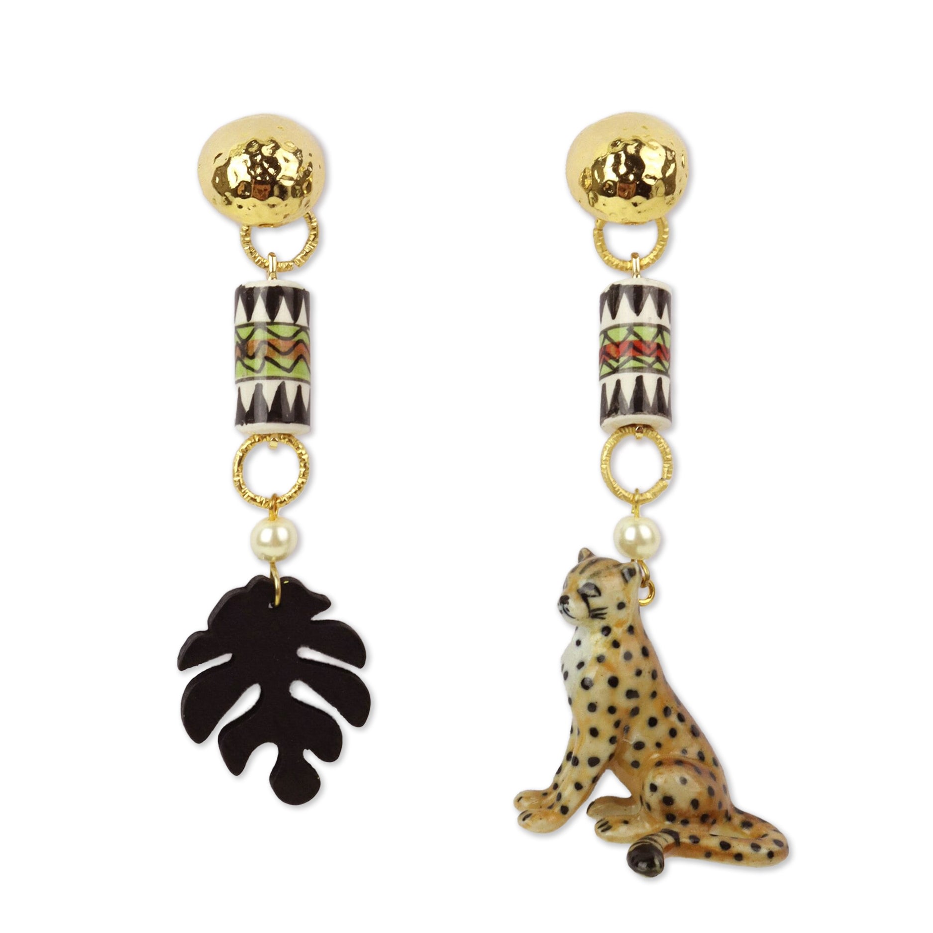 Midnight Foxes Studio Women's Brown / Gold Cheetah & Monstera Leaf Gold Earrings