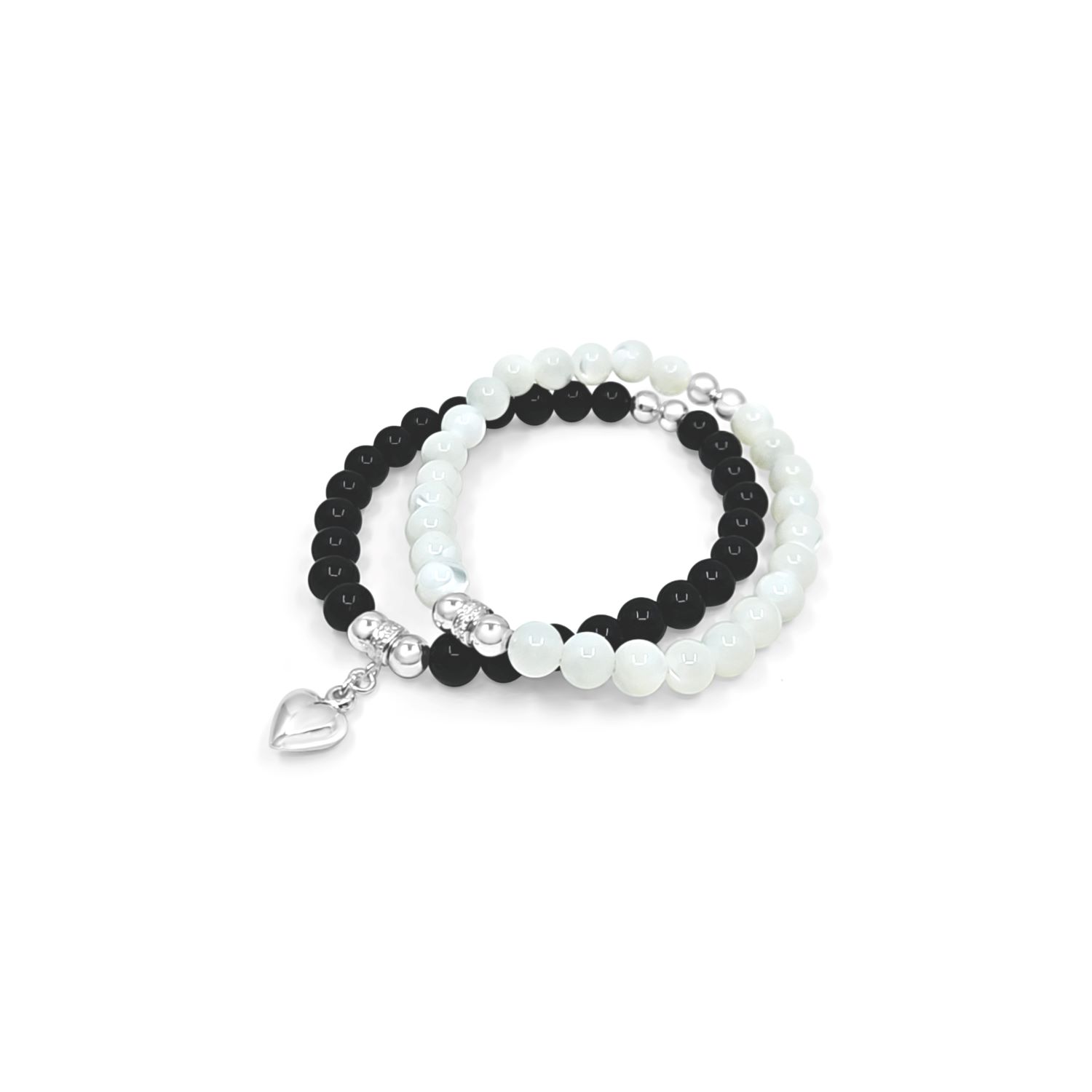Lutiro Women's Black / White Double Bracelet - Black Onyx & Mop With Heart Charm