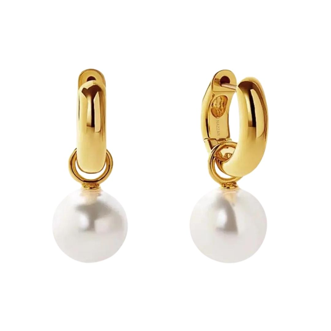Women's Gold / White Pearl Charm Dangle Gold Hoop Earrings | Nazzar