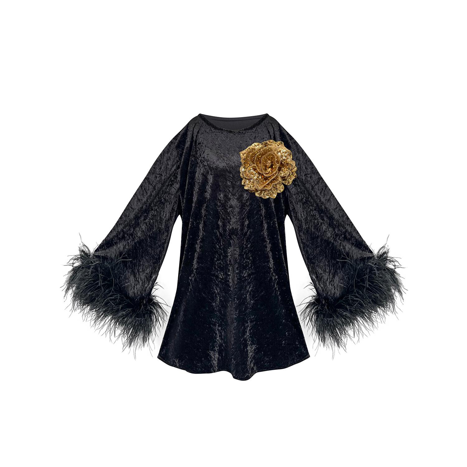 Toma Women's Black / Gold Jess Mini Little Black Velvet Dress Gold Flower In Black