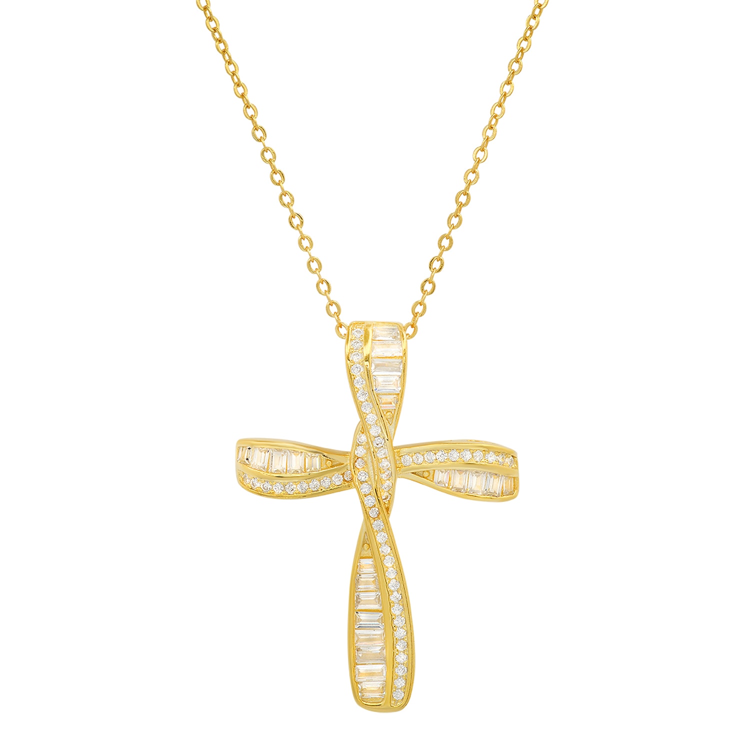 Kylie Harper Women's Gold Baguette Twist Diamond Cz Cross Pendant Necklace