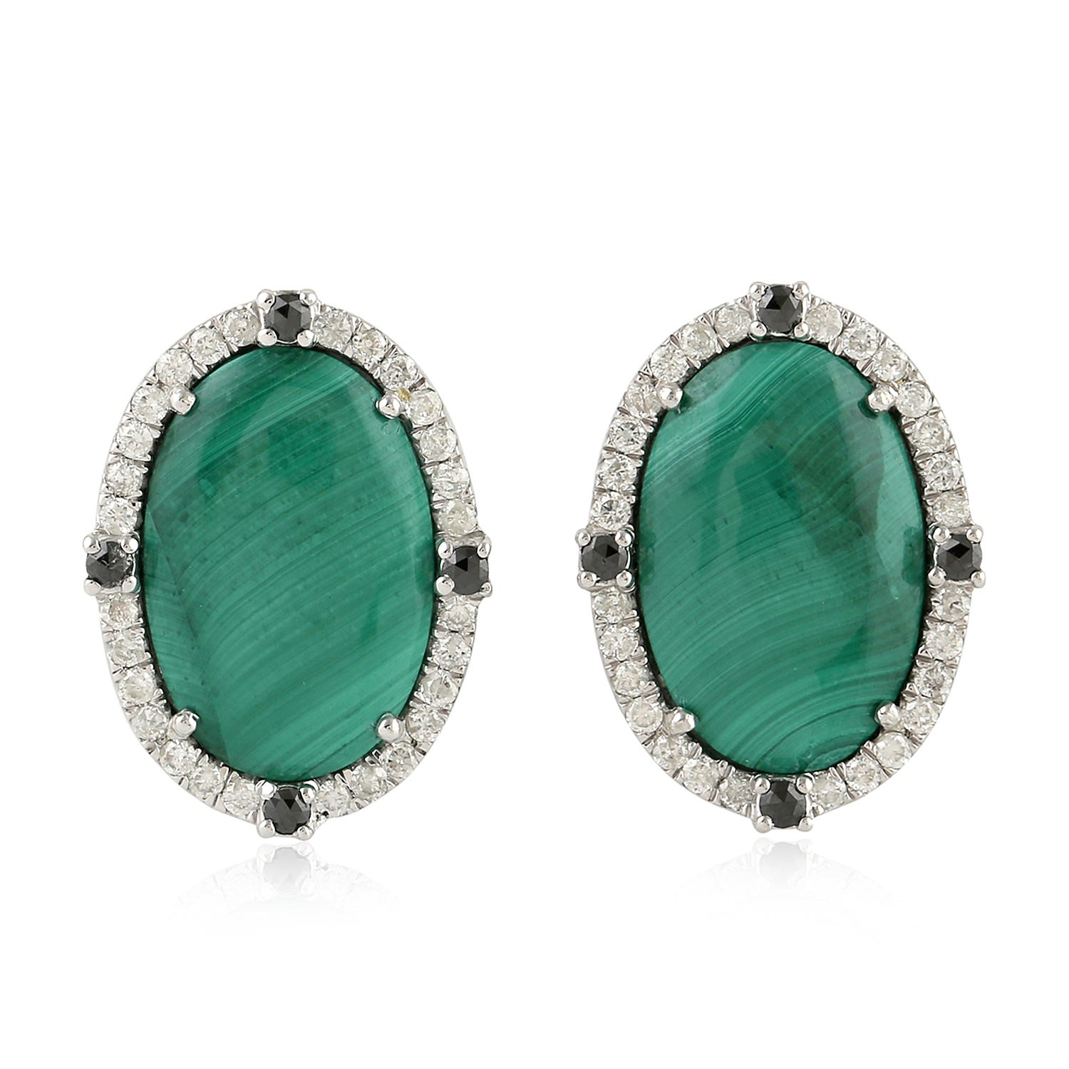 Women’s Black / White / Green Solid 18K White Gold Pave Diamond Malachite Gemstone Stud Earrings Jewelry Artisan