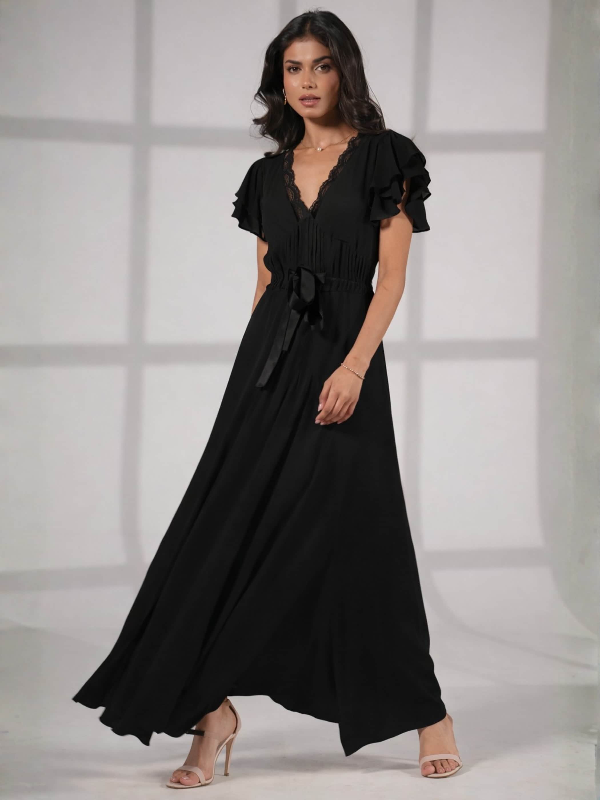 Rose & Nancy Lace Detail Tie Waist Maxi Dress - Black