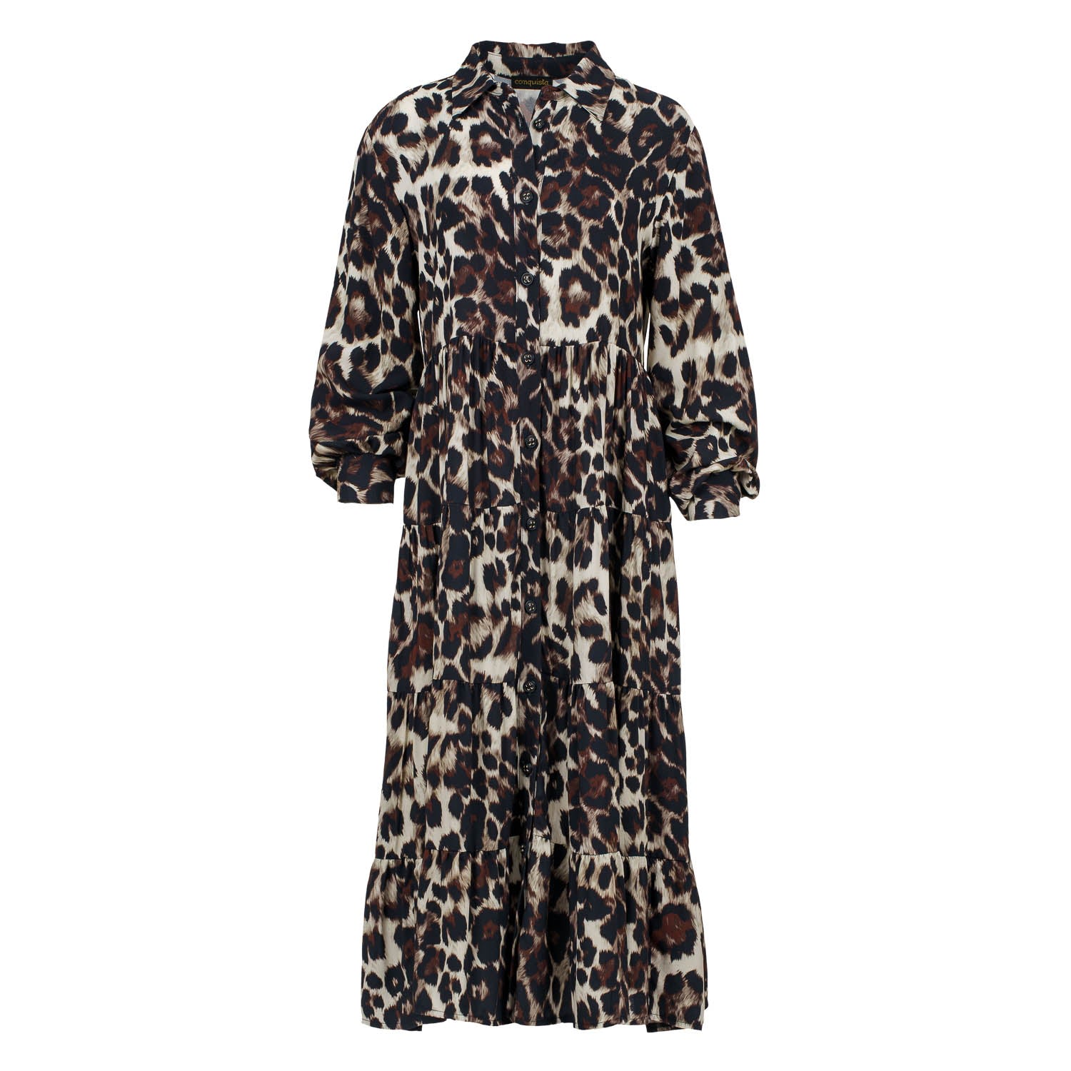 Conquista Women's Brown Animal Print Tiered Dress With Button Detail In Brown