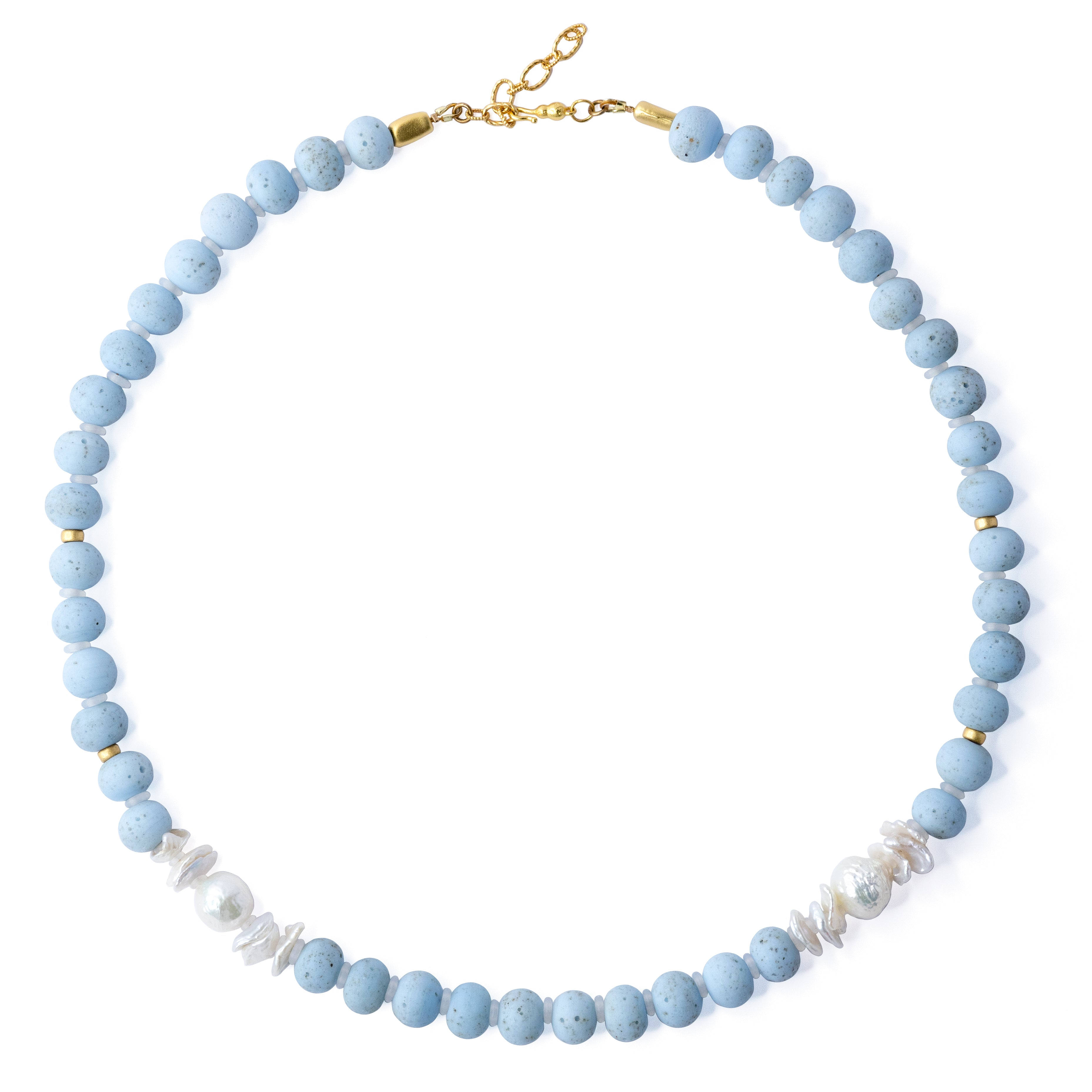 Bombyx House Women's Gold / Blue / White Freshwater Pearl Blue Ceramic Bead Necklace
