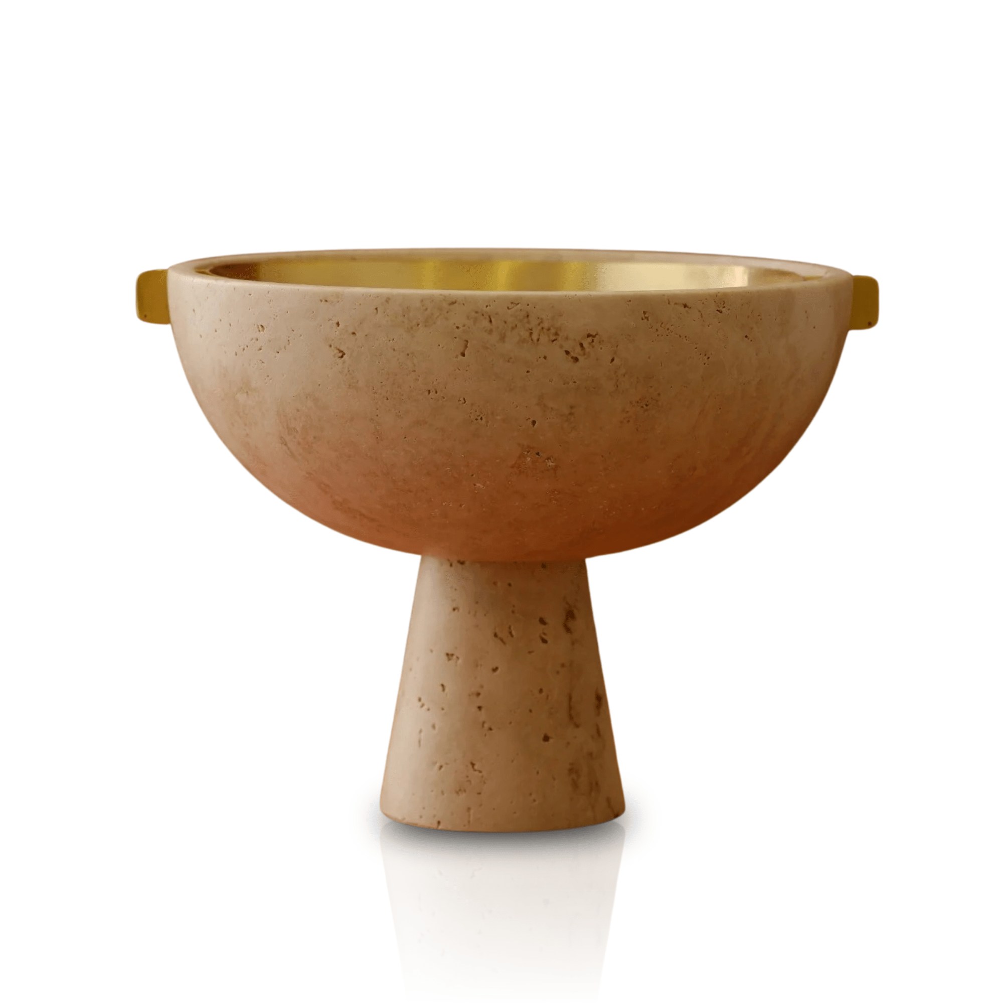 Marleth Brown Travertine Pedestal Bowl – Natural Stone With Brass Handles