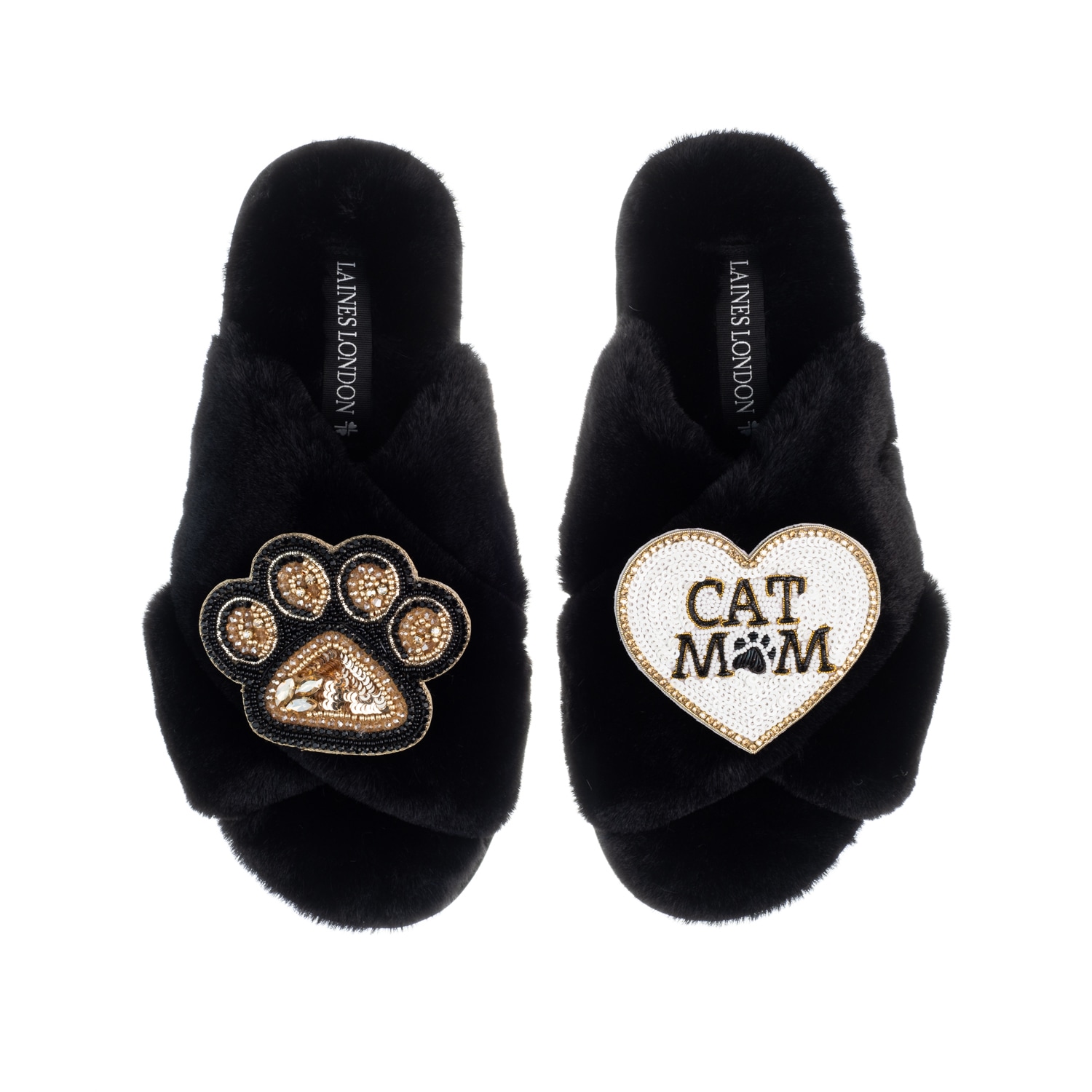 Laines London Women's Classic Laines Slippers With Paw & Cat Mum / Mom Brooches - Black In Black