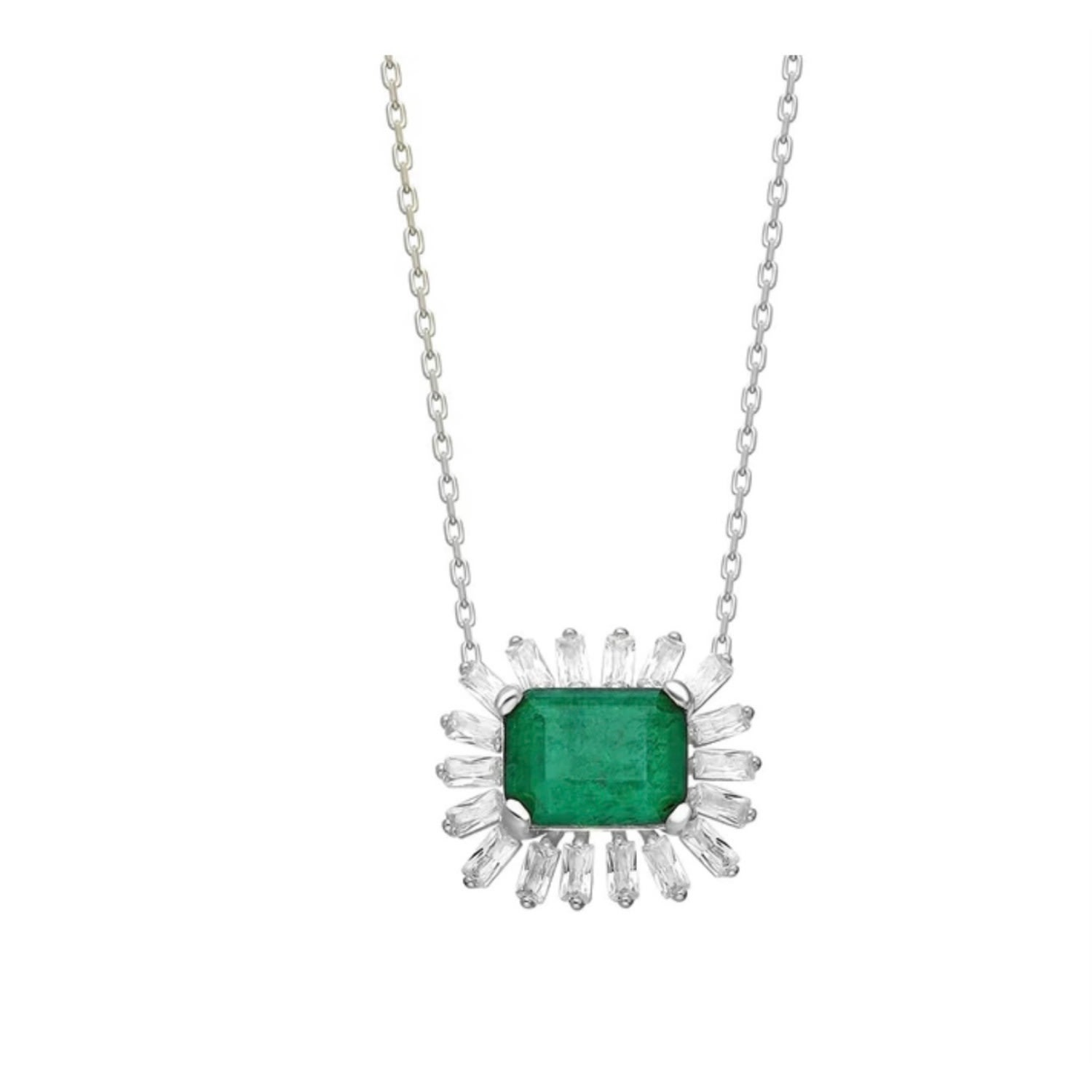 Women’s Silver Baguette Emerald Precious Stones Necklace Selen Jewels