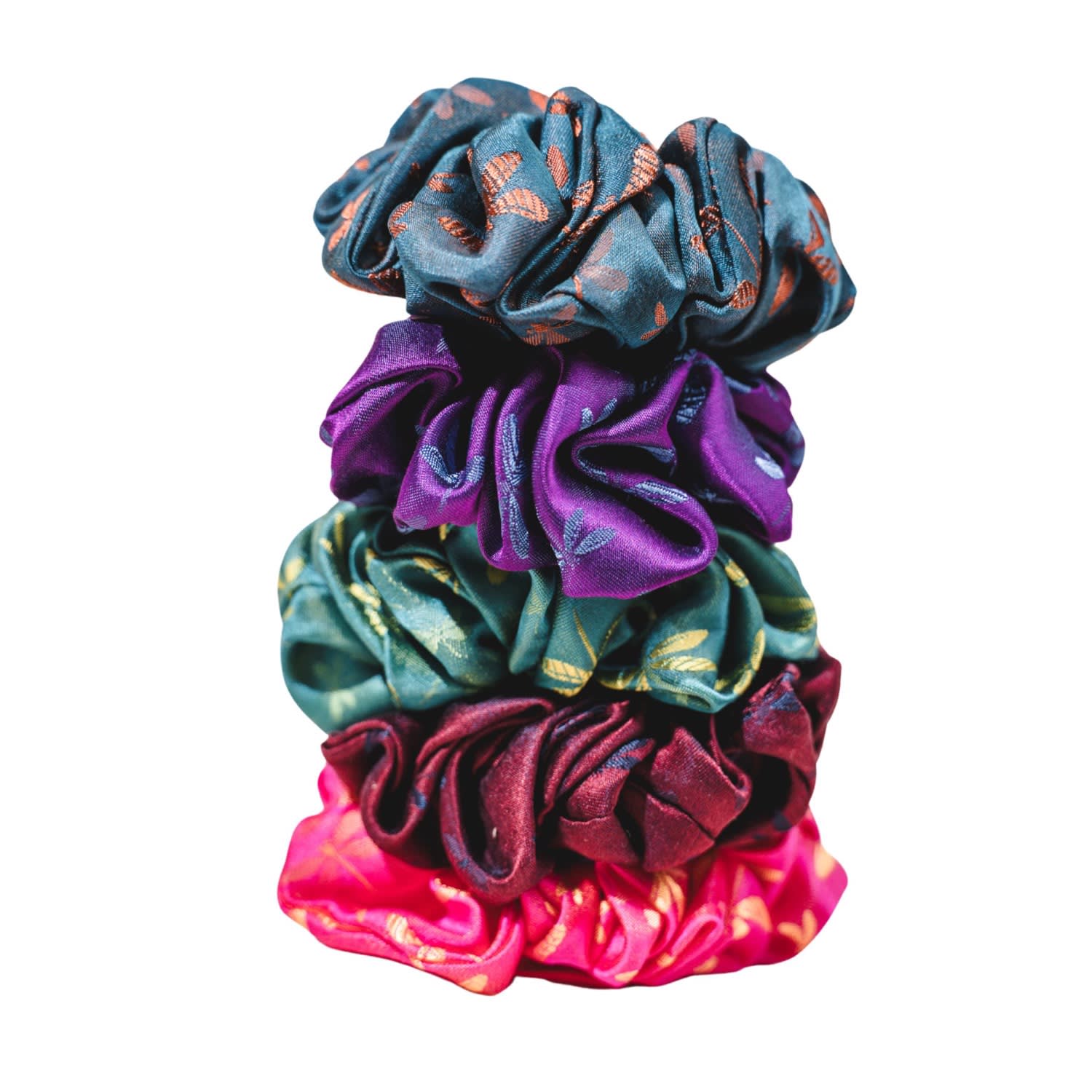 Silk And Bears Women's Set Of 5 Large Mulberry Silk Jacquard Hair Scrunchies – Handmade In Purple