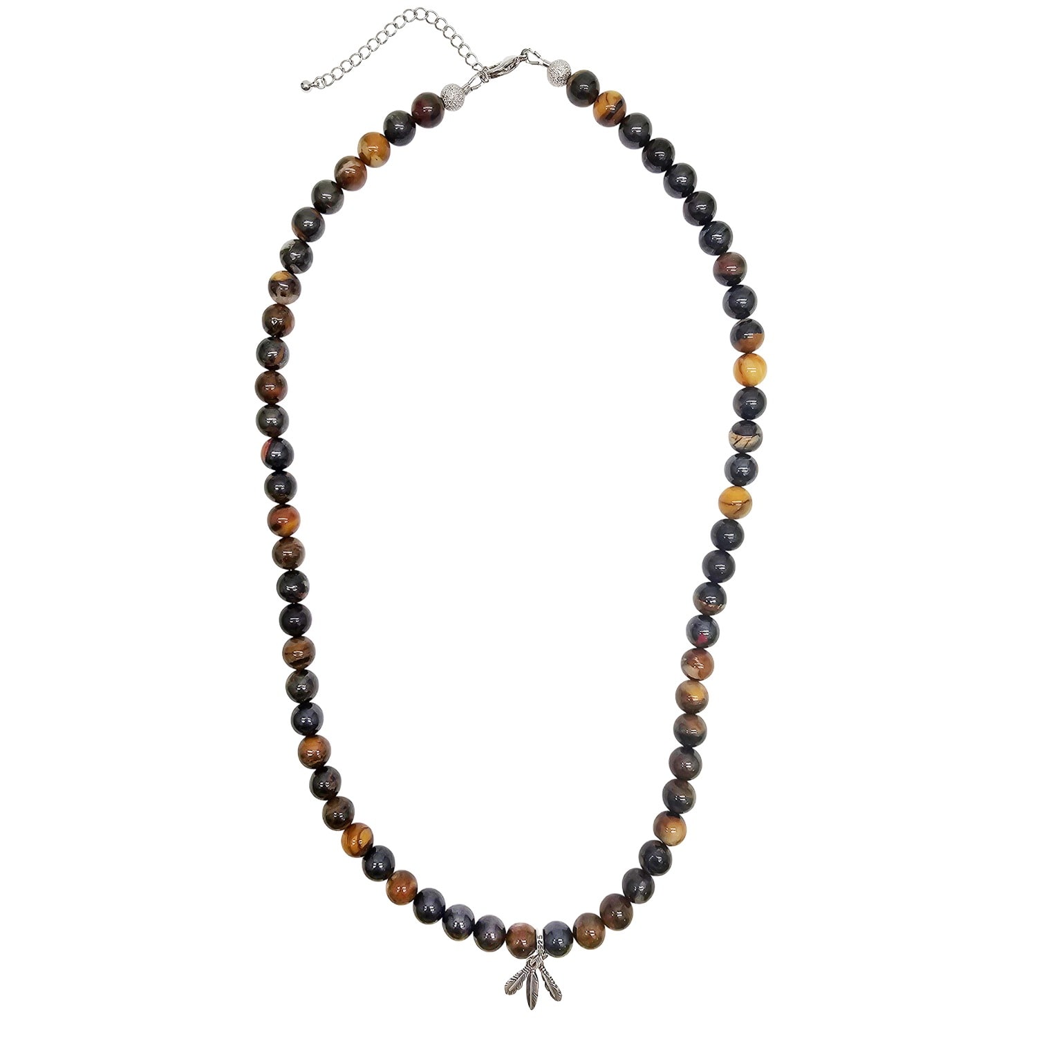 Farra Brown Iron Tiger-eye Stone With Silver Feather Pendant Men's Necklace