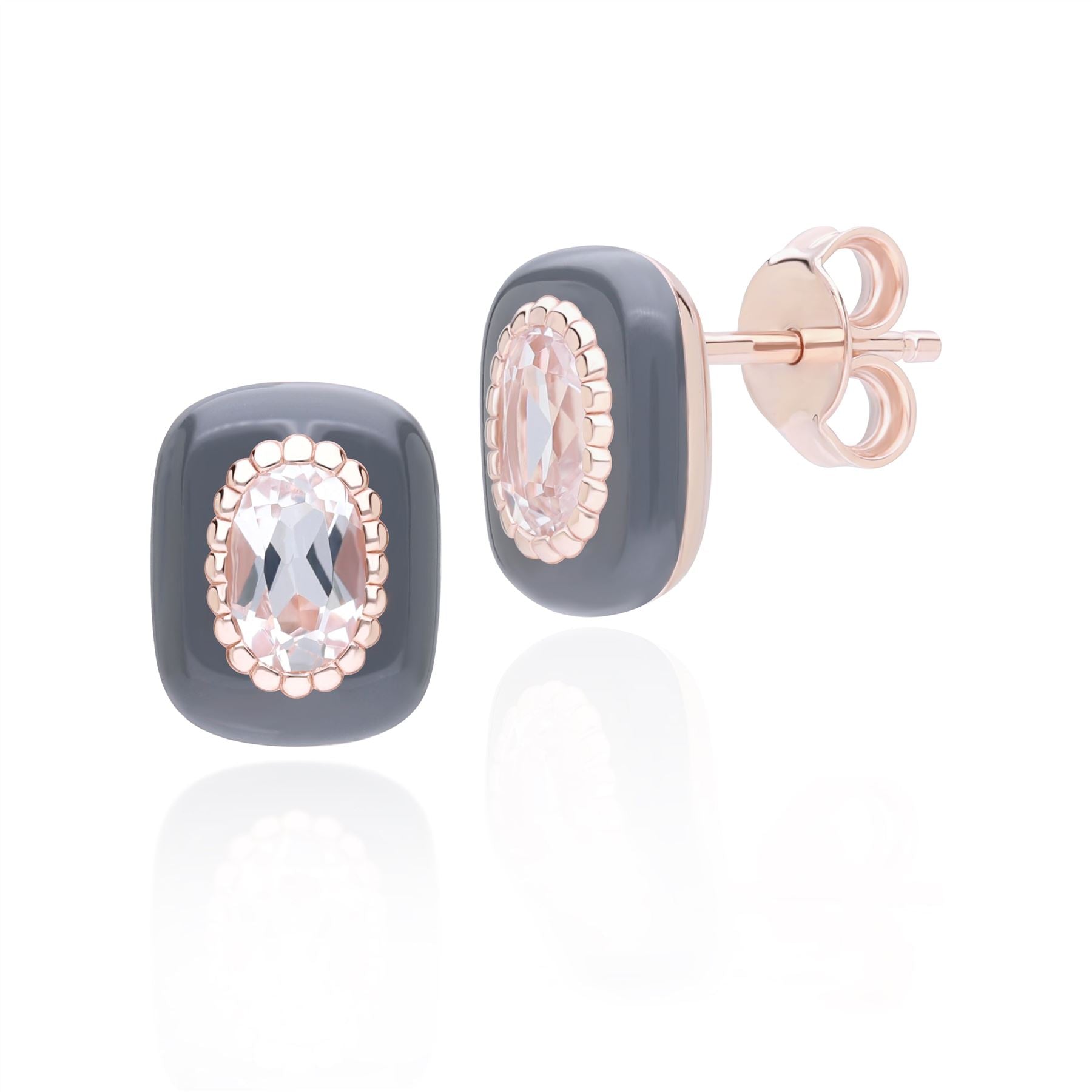 Women’s Siberian Waltz Black Enamel & Oval Topaz Stud Earrings In Rose Gold Plated Sterling Silver Gemondo