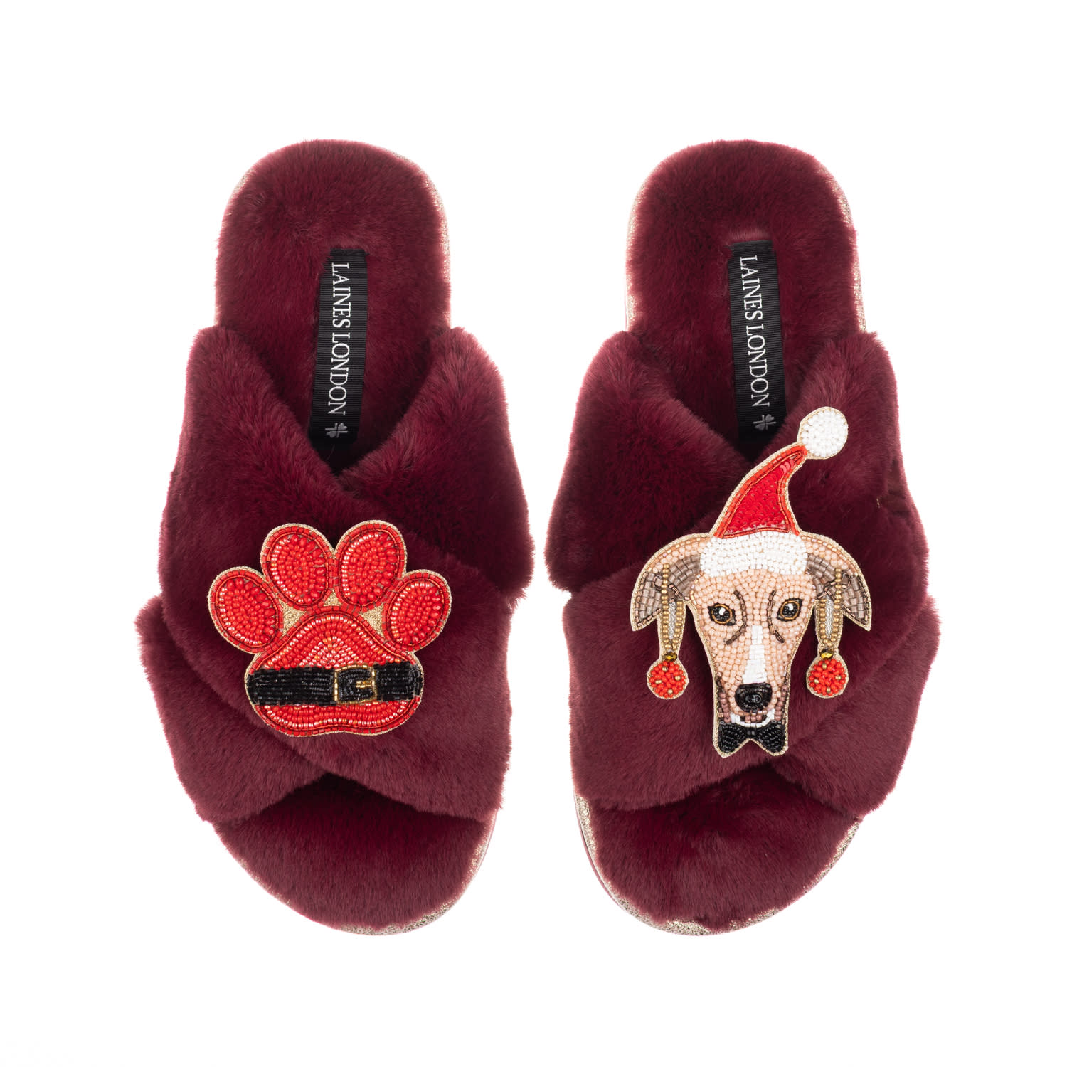 Laines London Women's Red Classic Slippers With Christmas Greyhound & Paw Brooches - Limited Edition Burgundy In Red