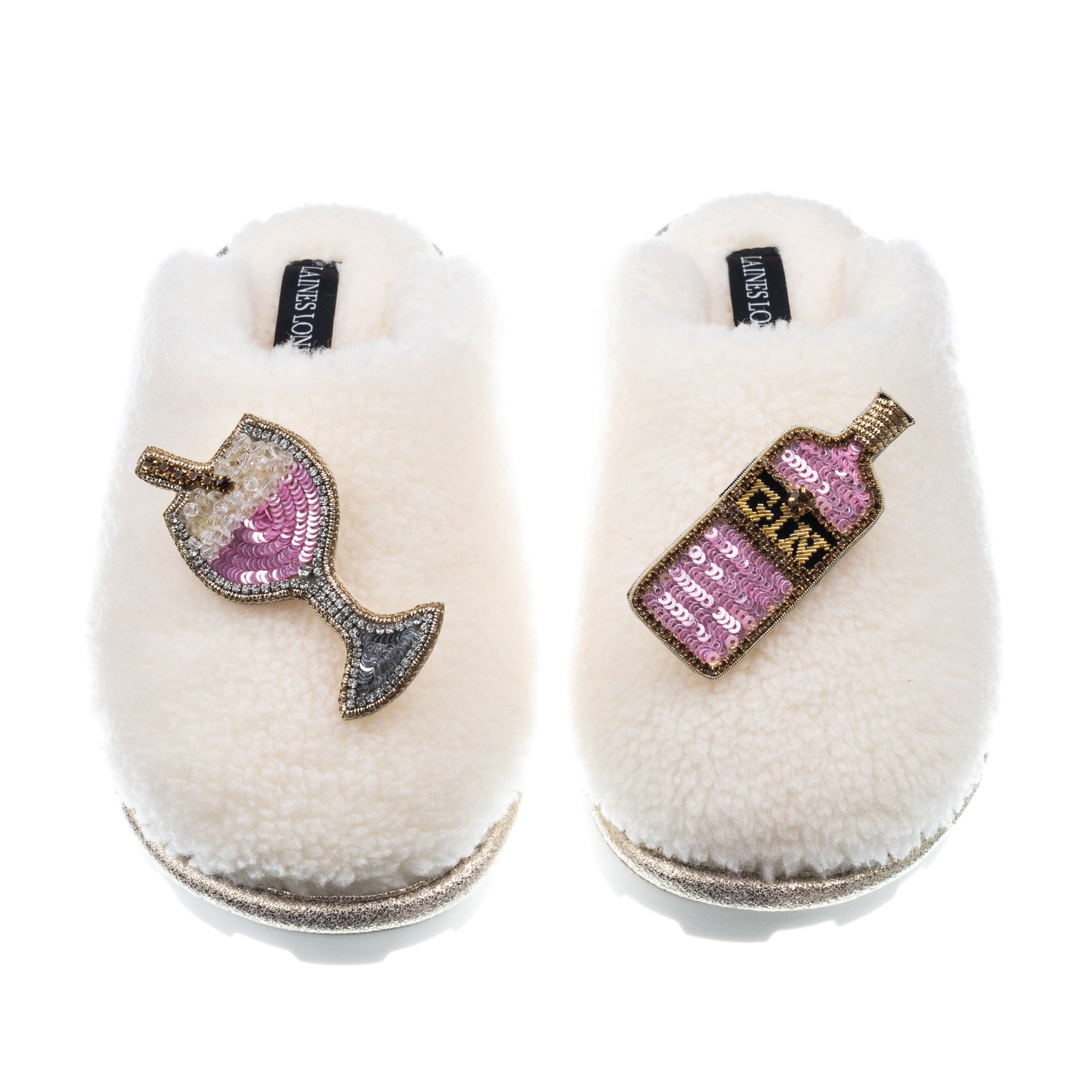 Laines London Women's White Teddy Closed Toe Slippers With Pink Gin Brooches - Cream In Multi
