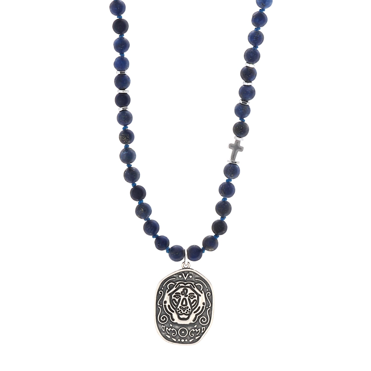 Men’s Blue / Silver Spiritual Lapis Lazuli Lion Beaded Necklace - Blue Ebru Jewelry