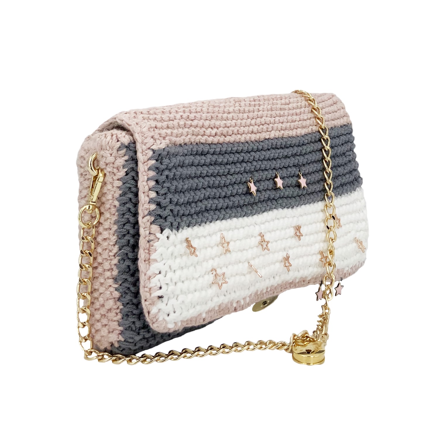 Hilo De Mar Women's Pink / Purple / White Carmina - Hand Knitted Bag With Charms - Pink & Grey & White In Pink/purple/white