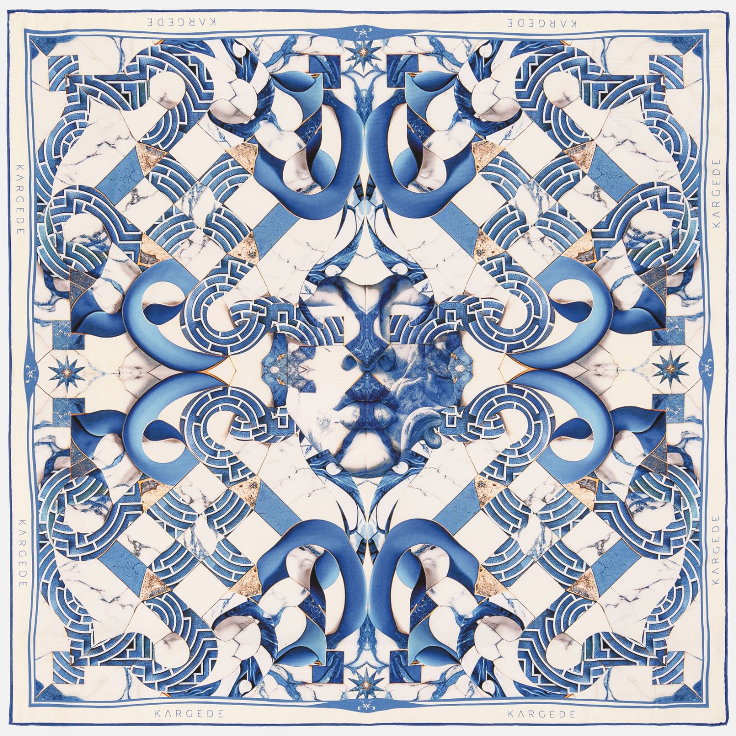 Kargede Women's Blue Designer Silk Scarf – Square Marble In Blue