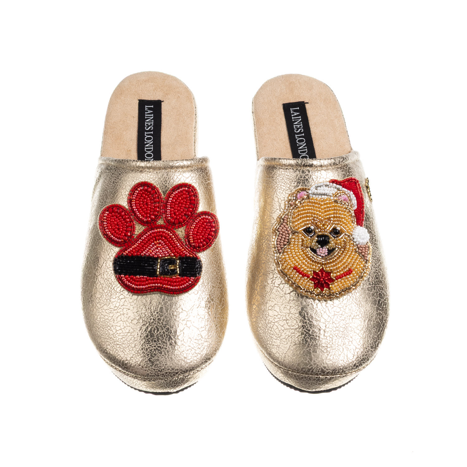 Laines London Women's Gold Softie Slippers With Christmas Pomeranian & Paw Brooches In Gold