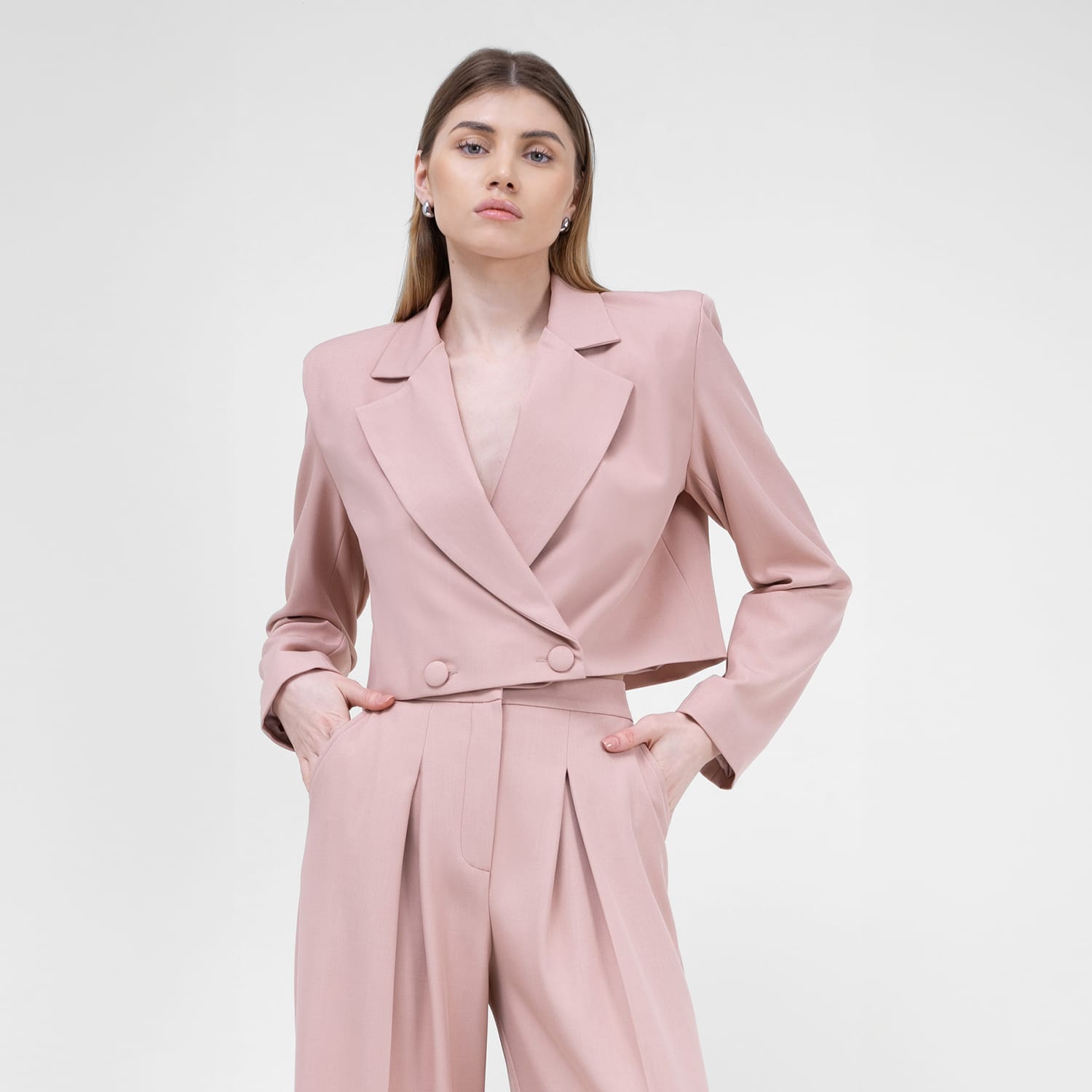 Pastel Pink Double Breasted Cropped Blazer | BLUZAT | Wolf