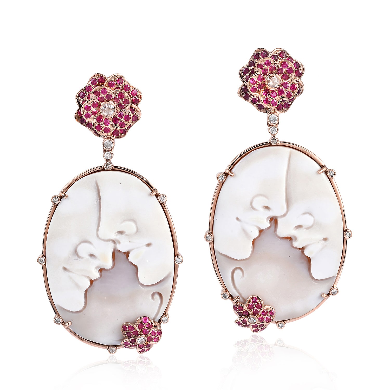 Artisan Women's Pink / White / Rose Gold 18k Rose Gold Flower Earrings Carving Shell Cameos & Ruby Pave Diam In Pink