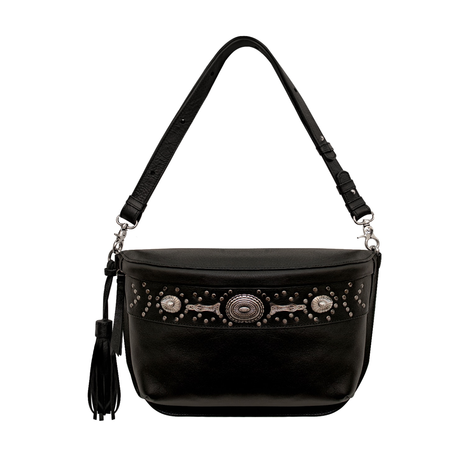 Bixi Awotan Women's Large All Black Leather Crossbody Sling Bag With Studs & Metal Rivets Unisex Detachable Tass
