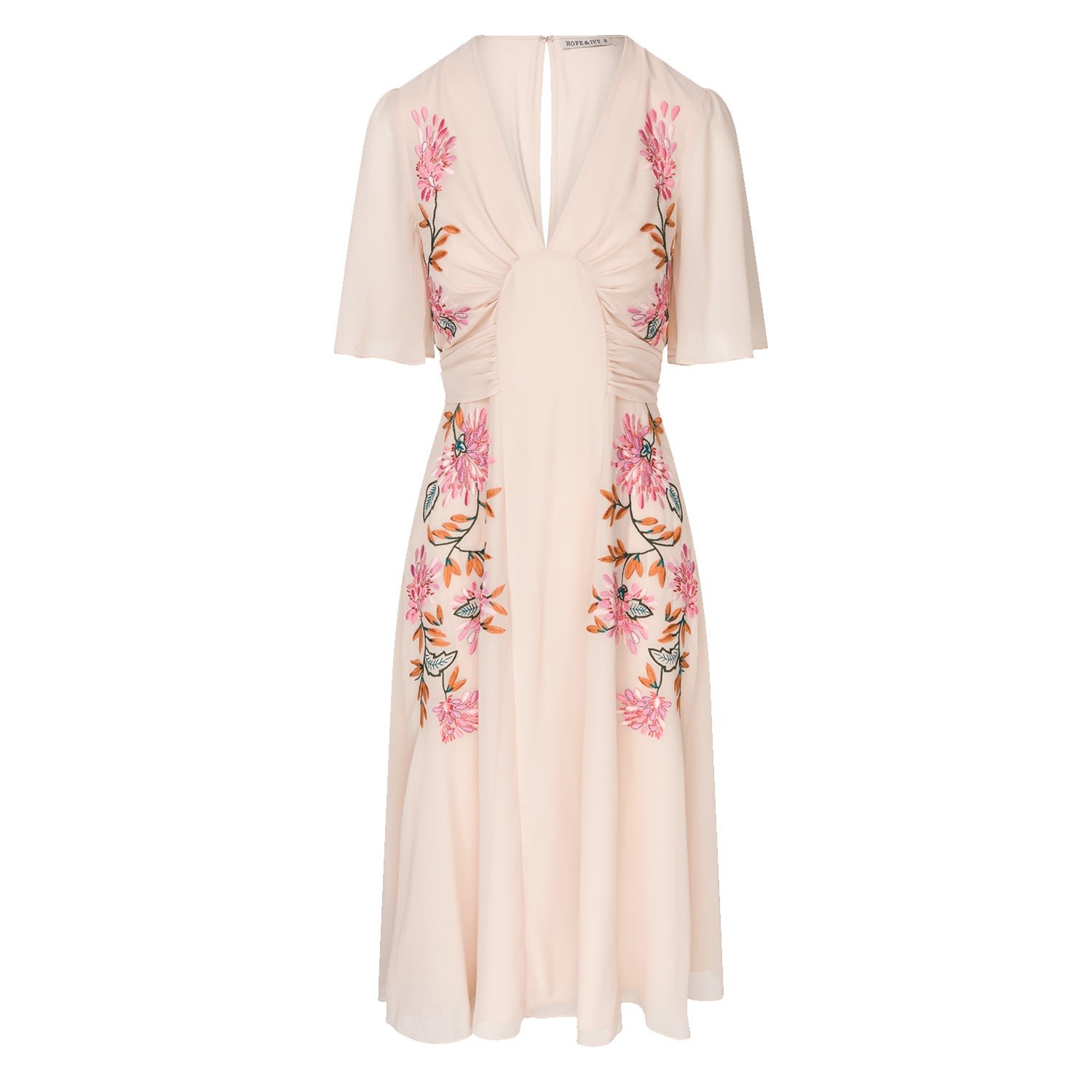 Women’s Pink / Purple The Lovisa Embroidered Flutter Sleeve Midi Dress With Tie Waist Medium Hope and Ivy