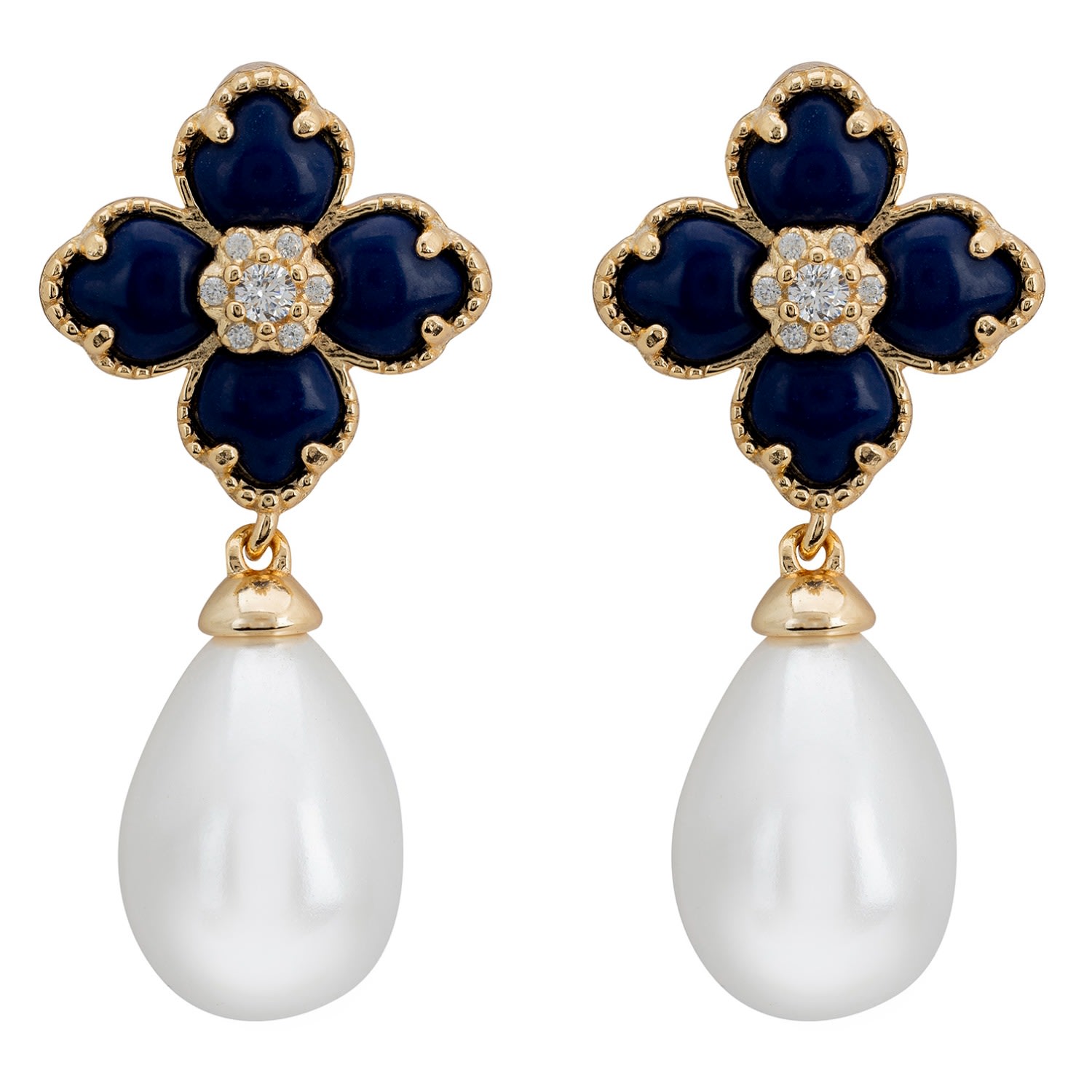 Latelita Women's White / Blue / Gold Flower Clover Pearl Drop Earrings Lapis Lazuli Gold