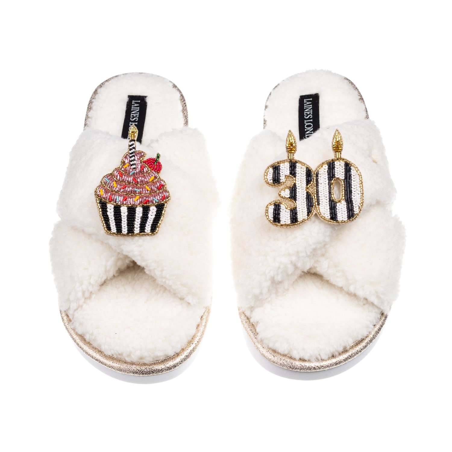 Laines London Women's Neutrals / White Laines Neutral Boucle Slippers With Stripe 30th Birthday & Cake Brooch - Cr