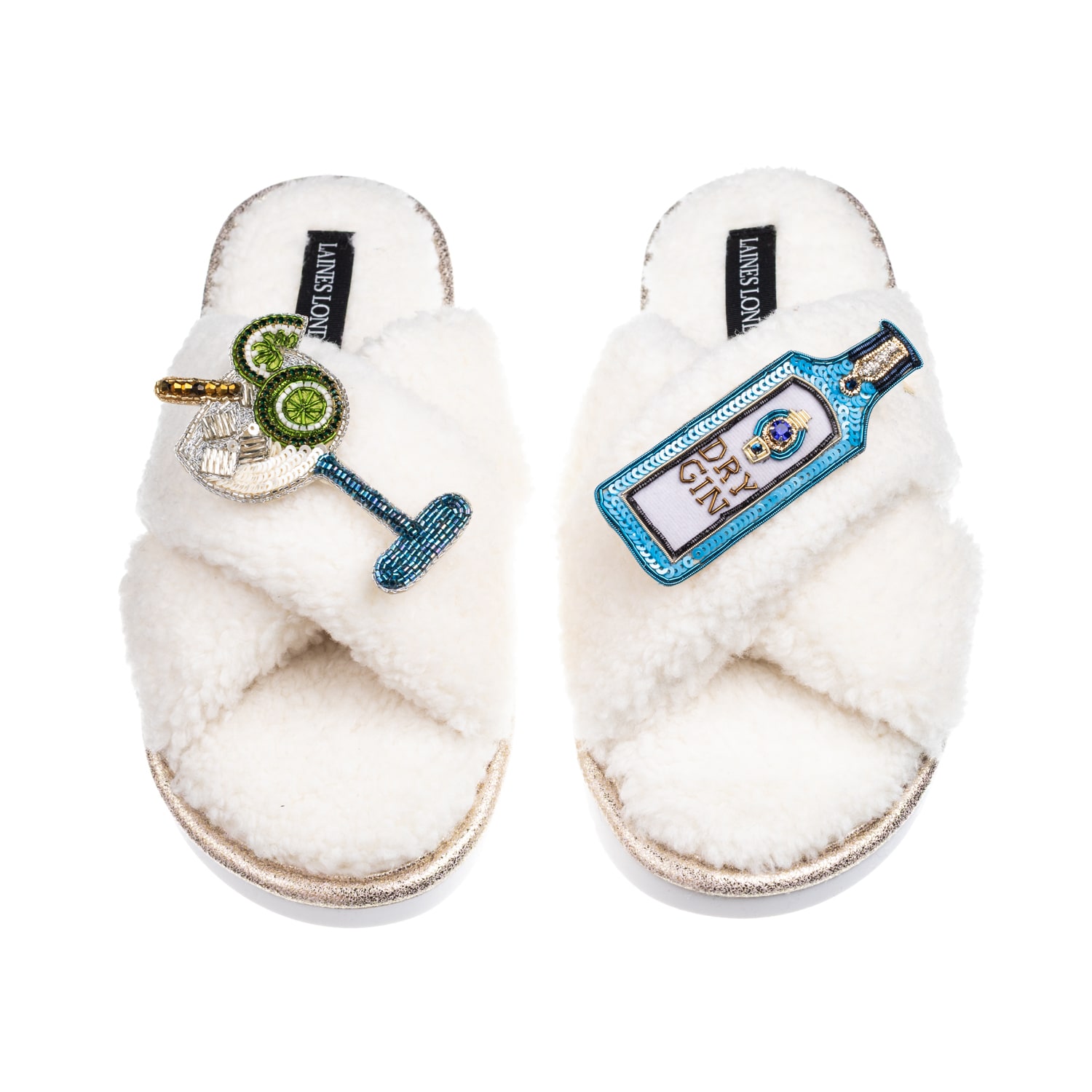Laines London Women's Neutrals / White Laines Neutral Boucle Slippers With Sapphire Gin & Glass Brooches - Cream