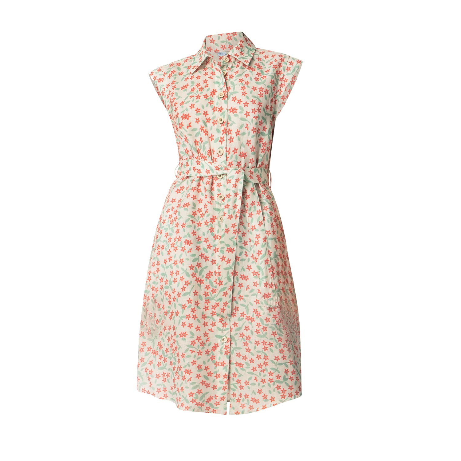 Haris Cotton Women's Sleeveless Printed Linen Shirt Dress With Belt Red Starflowers In Red