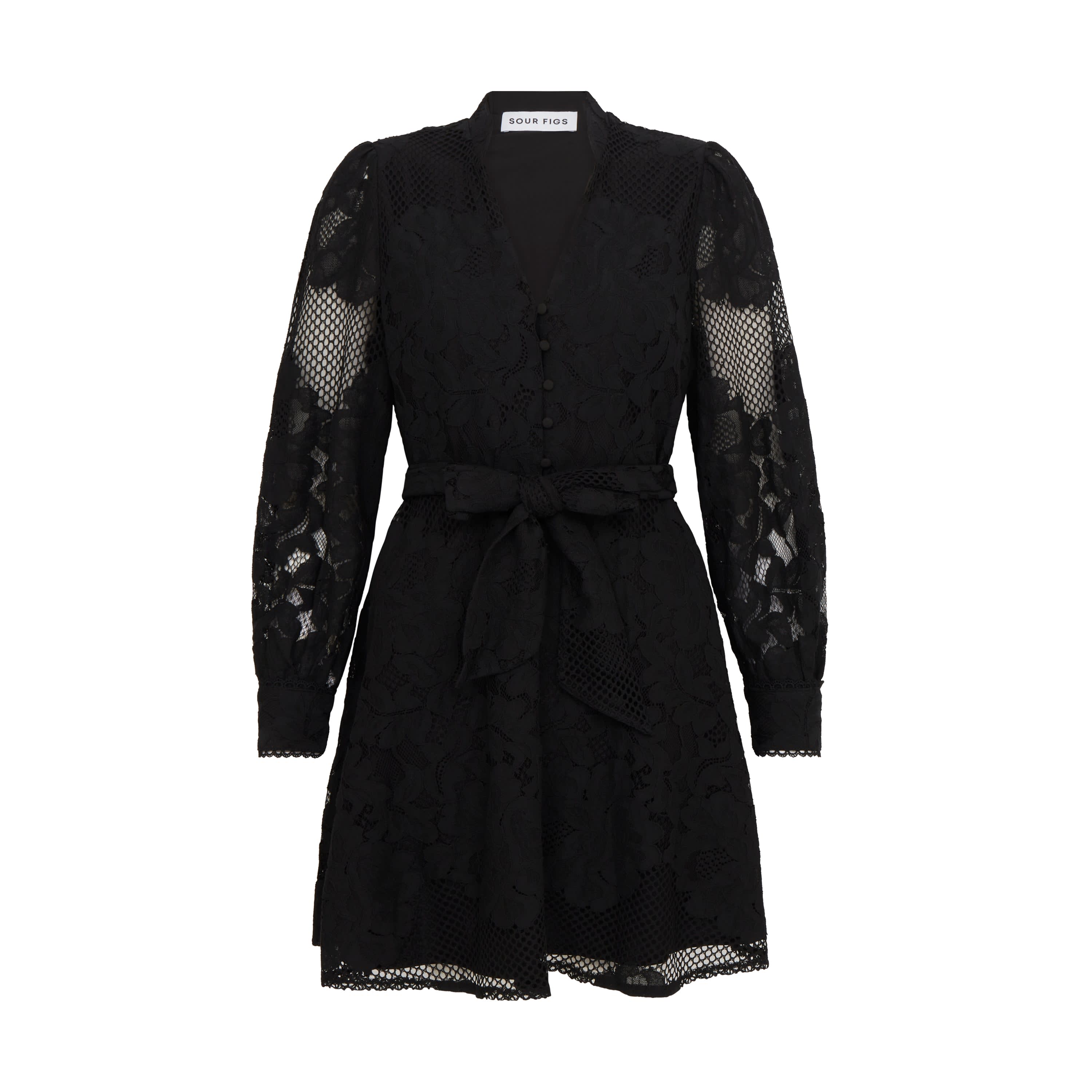 Sheer Lace Long Sleeve Mini Dress In Black | SOUR FIGS | Wolf & Badger
