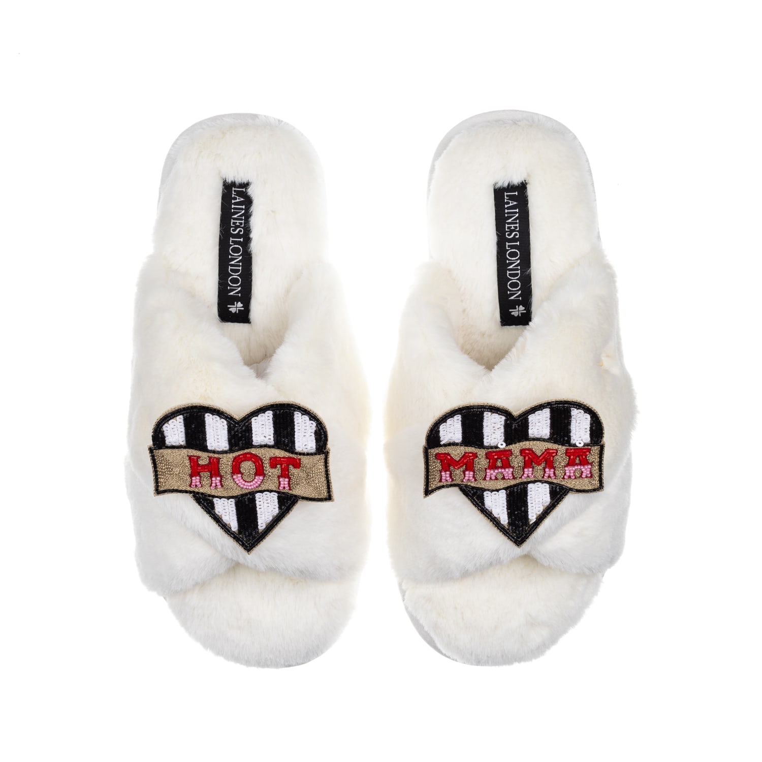 Laines London Women's White Classic Laines Slippers With Hot Mama Brooches - Cream In White